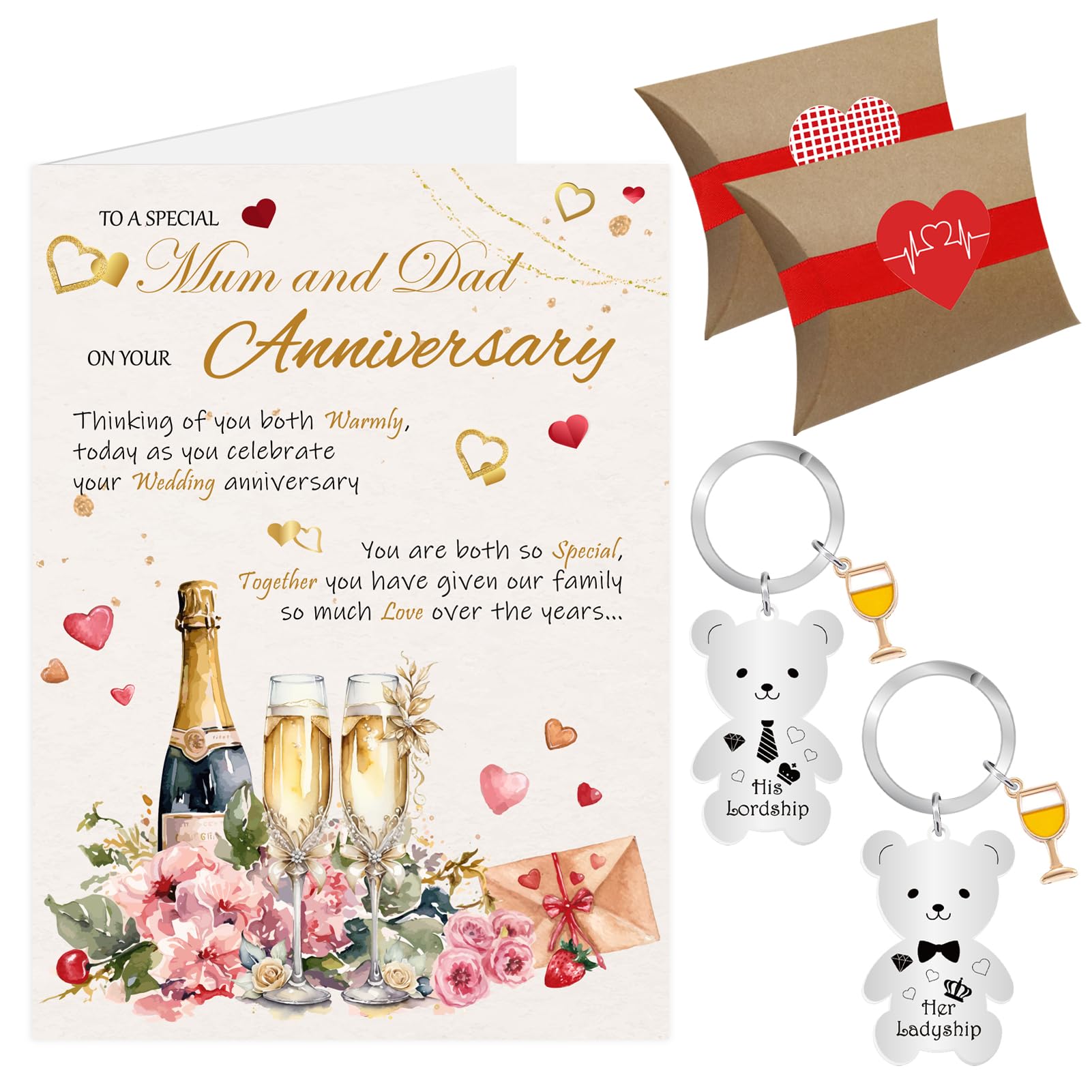 Mum and Dad Anniversary Card, Wedding Anniversary Card from Son Daughter Child, Happy Anniversary Cards Keyring Gifts for Couple Parents with Envelope Gift Box (Mum & Dad)