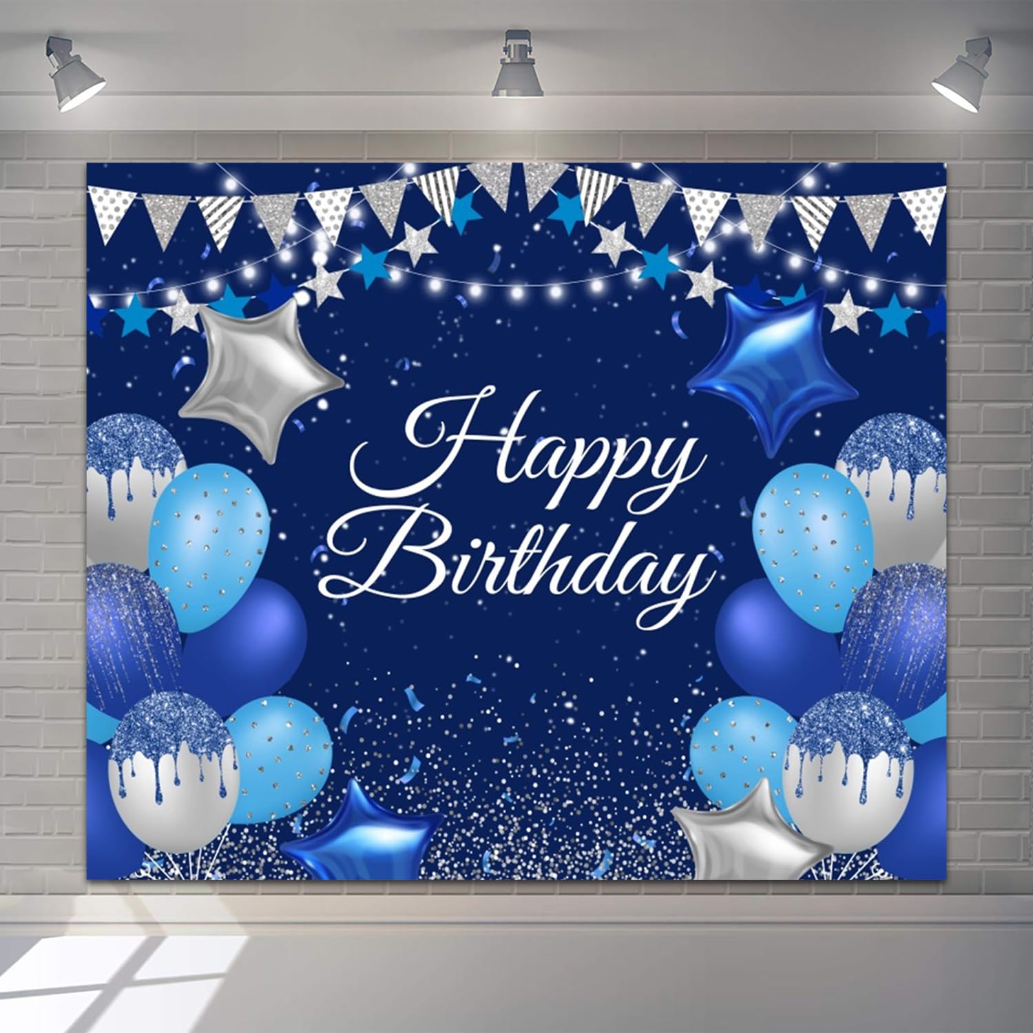 Telón de fondo de vinilo con purpurina de 3 x 2,4 m, color azul real, para fotos de cumpleaños, globo azul, estrella, globo, sesión de fotos, banderines plateados, fondo de fotografía, decoración de