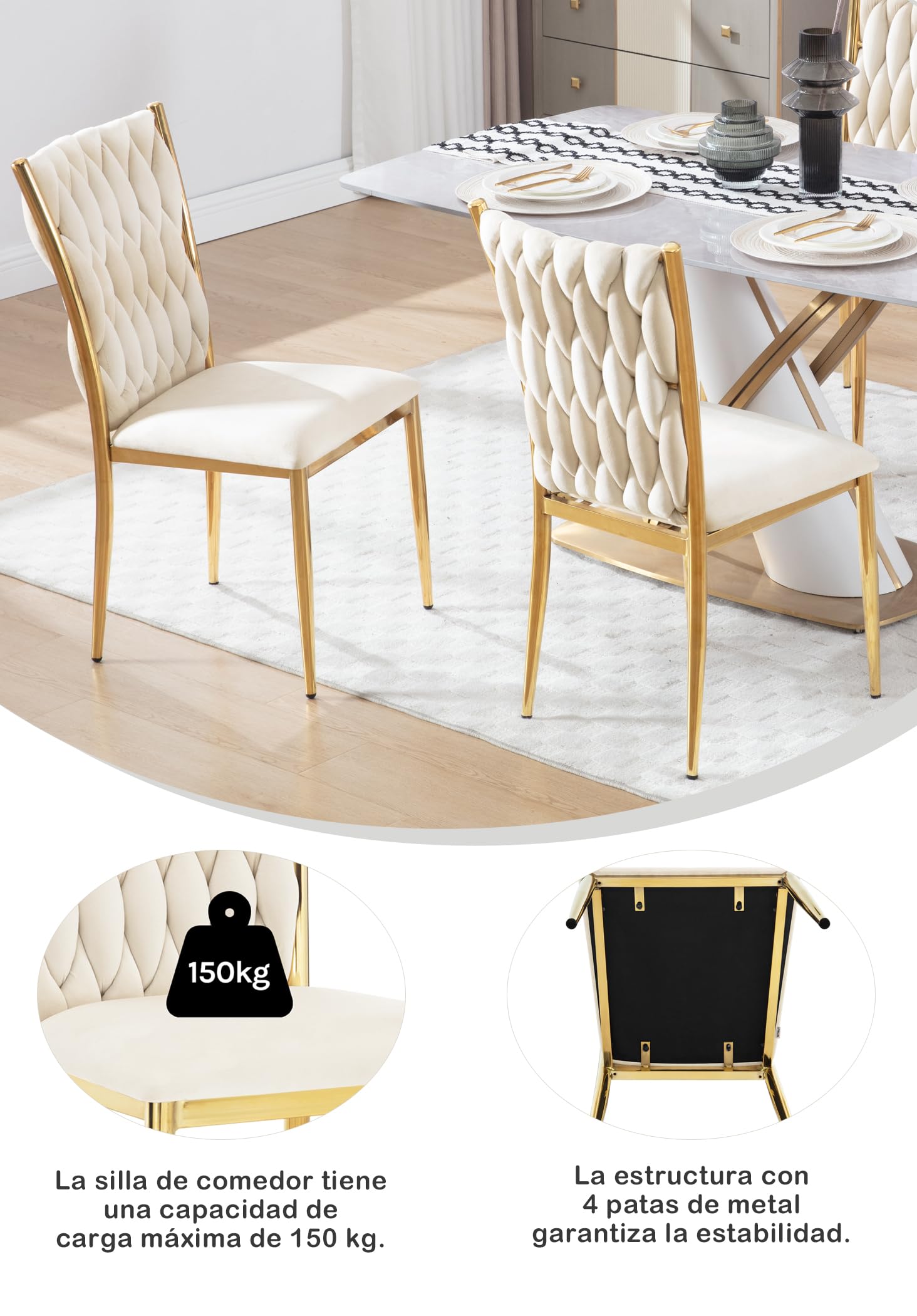 WOLTU Juego de 4 Silla de Comedor,Beige | Modernas,Estilosos con Respaldo Alto, Patas Metálicas, Carga 150kg