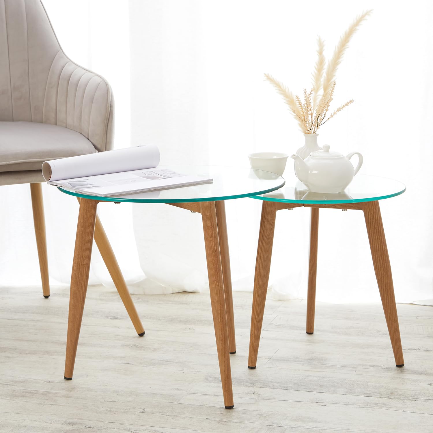 Homestyle4u Couchtisch Rund Glas 2er Set - Beistelltisch mit Holzbeinen