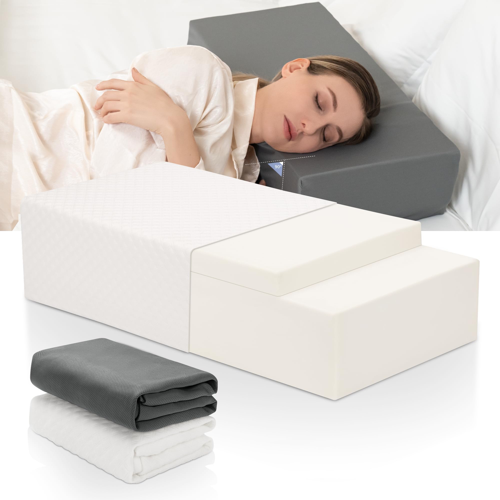 urnexttour Cube Memory Foam Pillow for Side Sleepers Adjustable Insert Cervical Neck Pillow for Head and Shoulder Pain Relief Firm Back Support Bed Pillow with Two Pillowcase White and Grey
