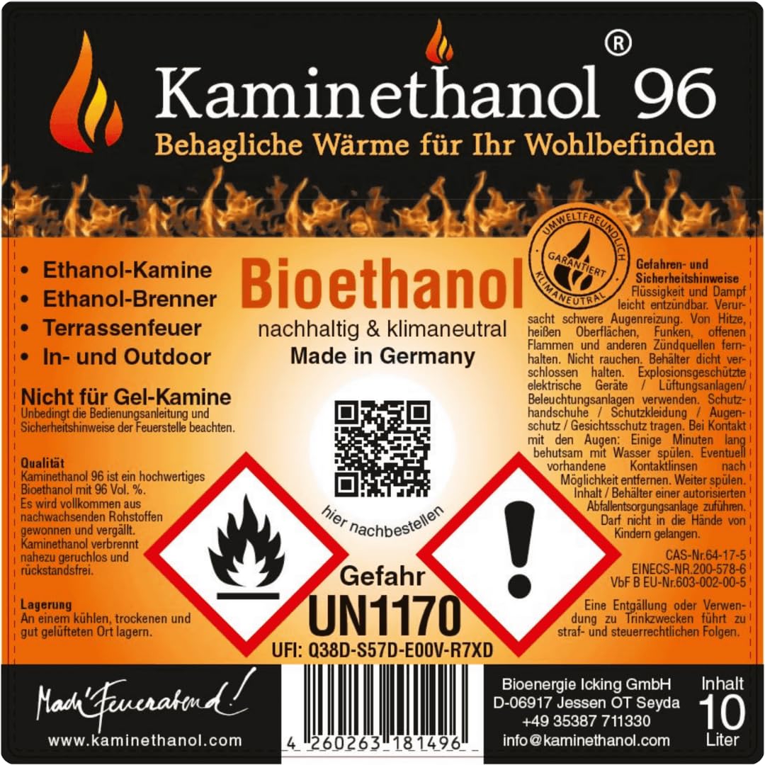 Icking Bioethanol 96,6% 30 Liter (3 x 10 L) | Premium Qualität - direkt vom Hersteller für Ethanol Kamine, Alkohol-Brenner, Terrasenfeuer, Raumfeuer und Gartenfackeln