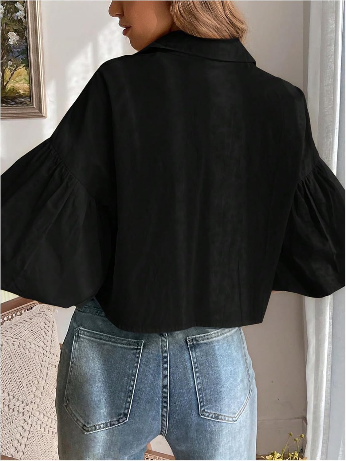 SweatyRocks Women's Half Bishop Sleeve Button Down Shirts Summer Dressy Casual Blouses - Image 3