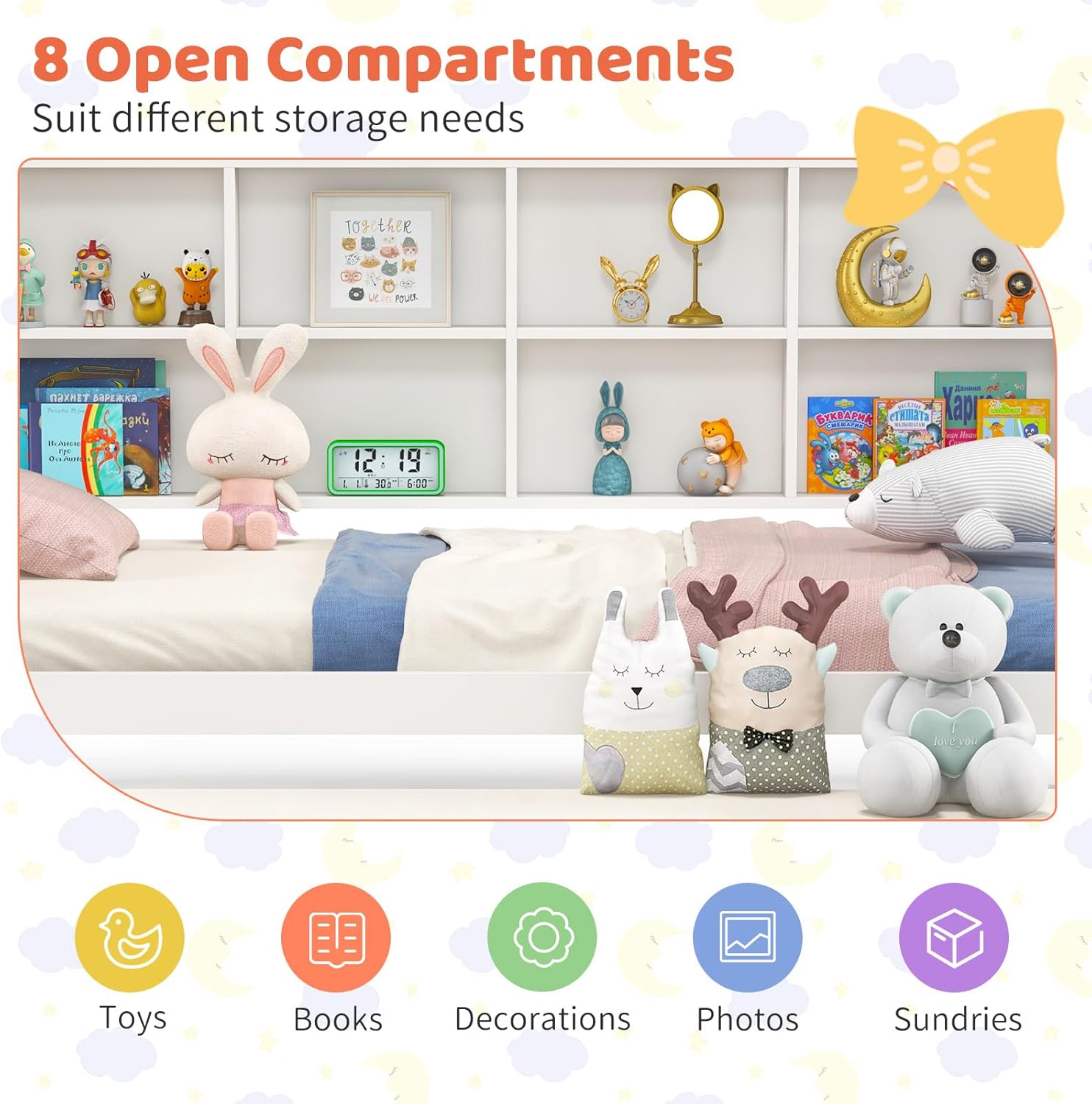 GORELAX Wooden Twin Size House Bed with Trundle, Montessori Bed Frame for Kids with Storage Shelves & Roof, No Box Spring Required, Playhouse Beds for Girls Boys Teens Bedroom