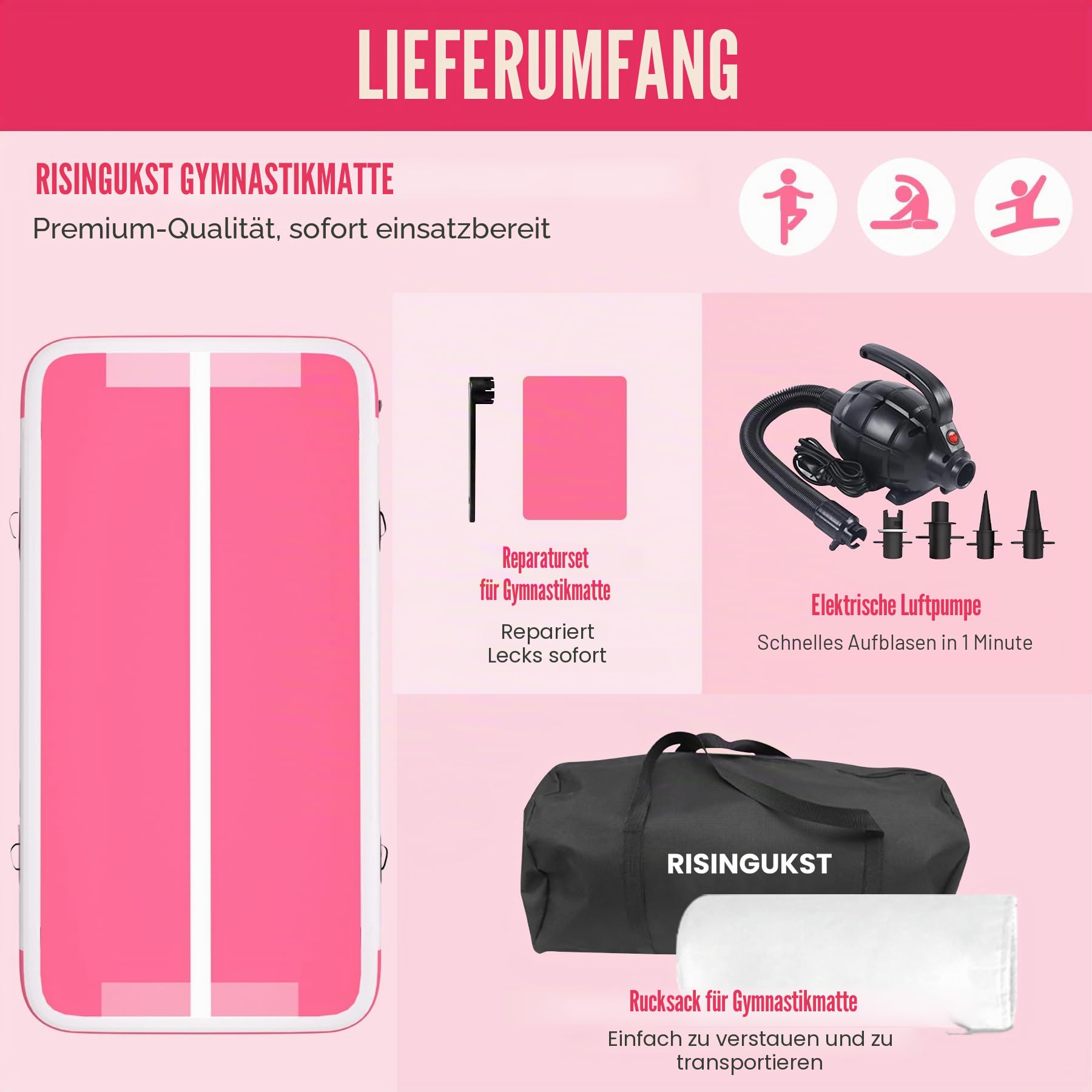 Air Matte Track, 2/3/4/5/6m Aufblasbar Gymnastikmatte Turnmatte Tumbling Matten 10cm/15cm/20cm hoch mit Luftpumpe