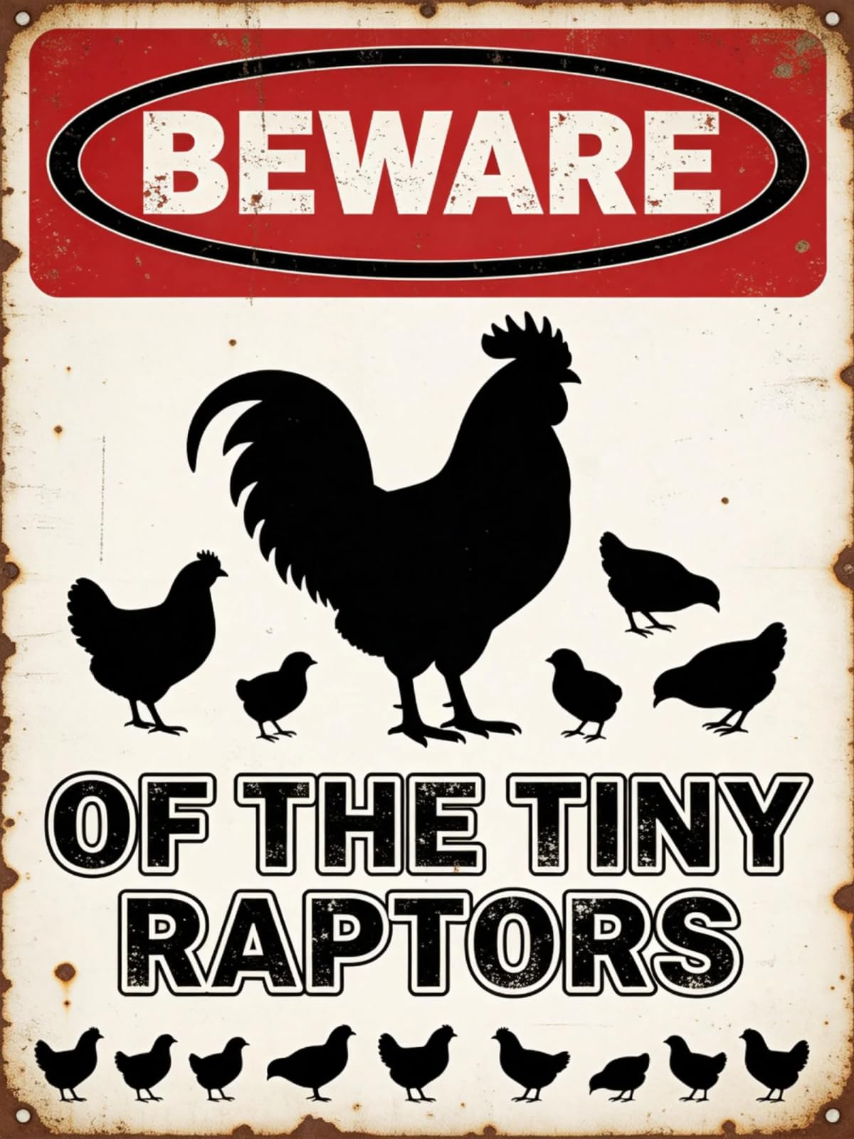 Women's Beware Of The Tiny Raptors Chicken Metal Tin Sign Vintage Farmhouse Coop Wall Decor 30X43cm Plaque