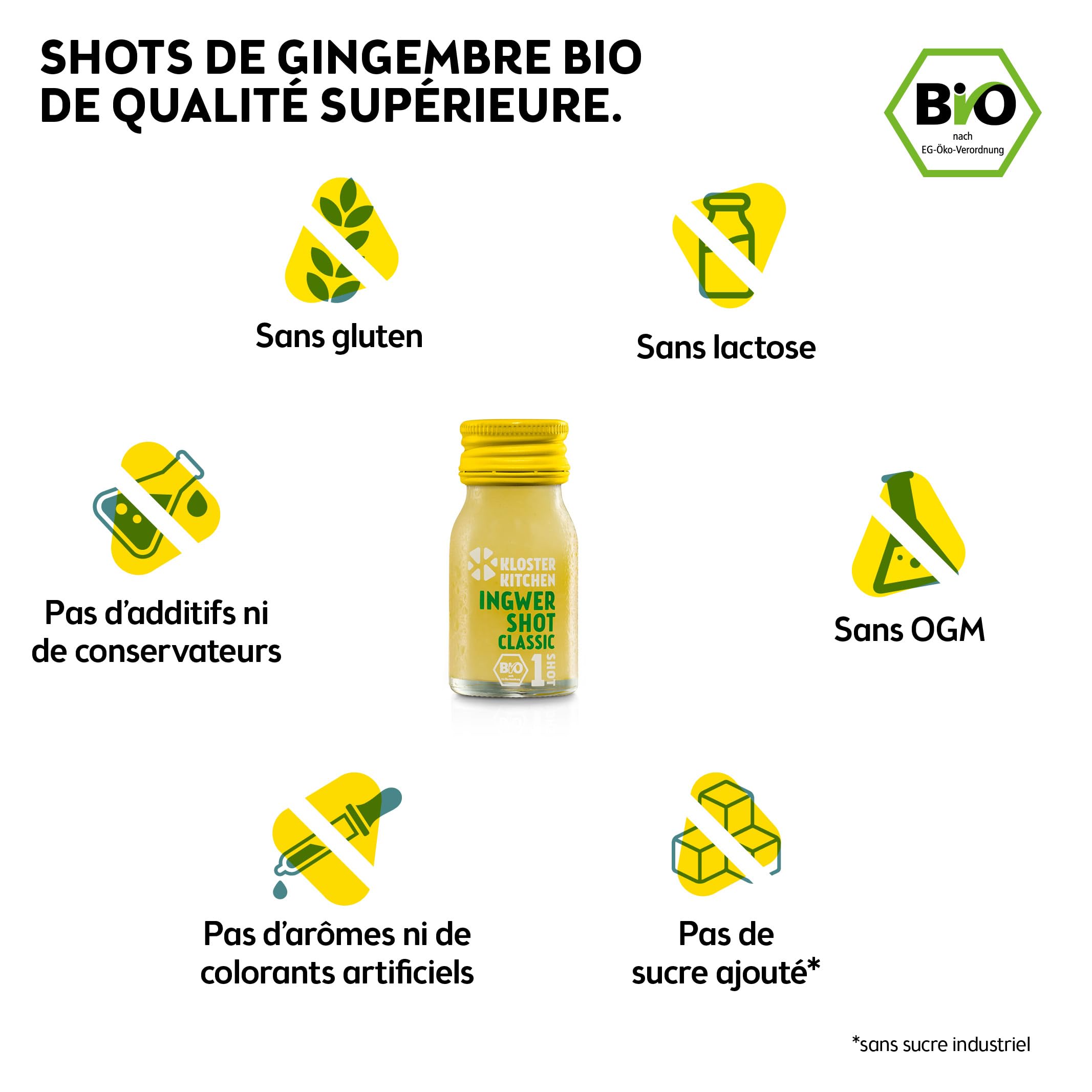 Kloster Kitchen Lot de 14 shots de gingembre bio 1SHOT - 14 x 30 ml - Avec véritables morceaux de gingembre - Végétalien dans une bouteille en verre à emporter - Doux et épicé - Sans additifs et avec