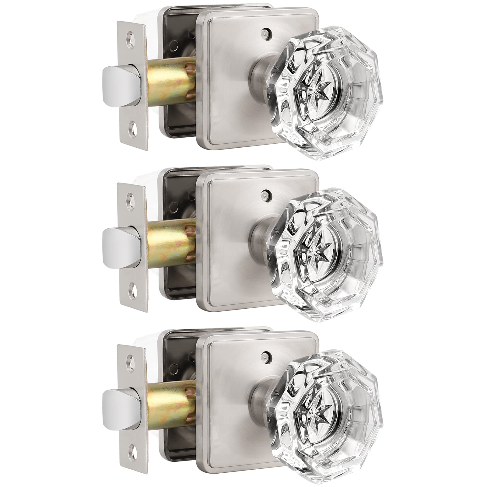 Orger Vintage Crystal Octagon Privacy Door Knobs - Satin Nickel, 3 Pack