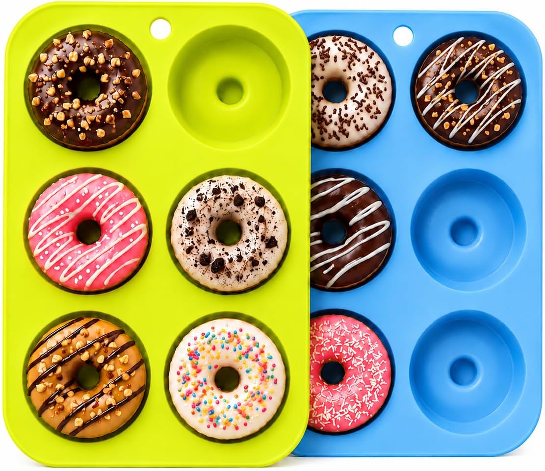 Silicone Donut Mold 2 Pack, 12 Cavity Donut Pan for Baking Homemade Donuts, Food Grade Nonstick Silicone Mold with Easy Release, Reusable Donut Pan for Cakes, Chocolate and Desserts, Blue & Green