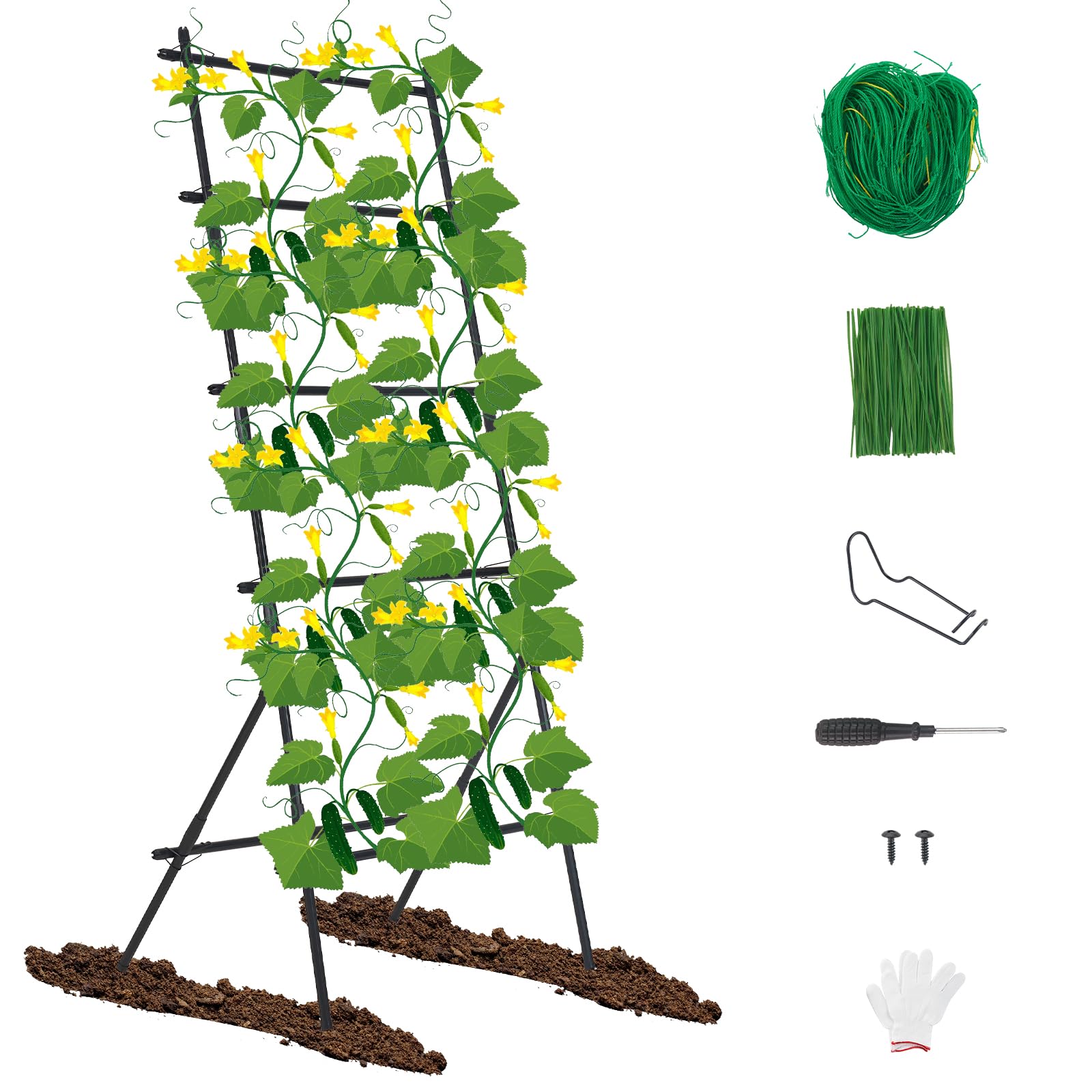 OutmaxCucumber Trellis, Outdoor Garden Trellis for Climbing Plants 75" X 31" Metal Plant Trellis with Twist Ties & Nylon Netting, for Vegetables Vines Beans Pea Raised Beds