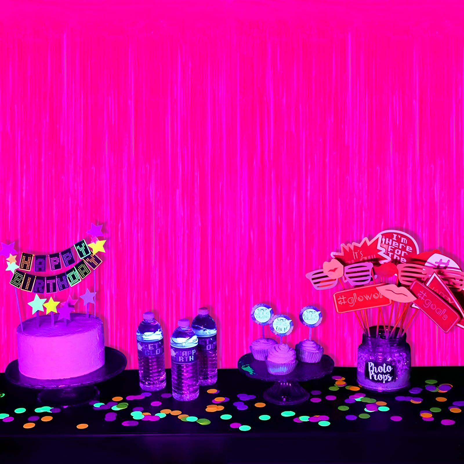 Mega-L - Suministros de fiesta que brillan en la oscuridad, paquete de 10 decoraciones de fiesta de neón de 3.2 x 6.5 pies, cortinas fluorescentes de oropel de papel de aluminio, decoración de fiesta