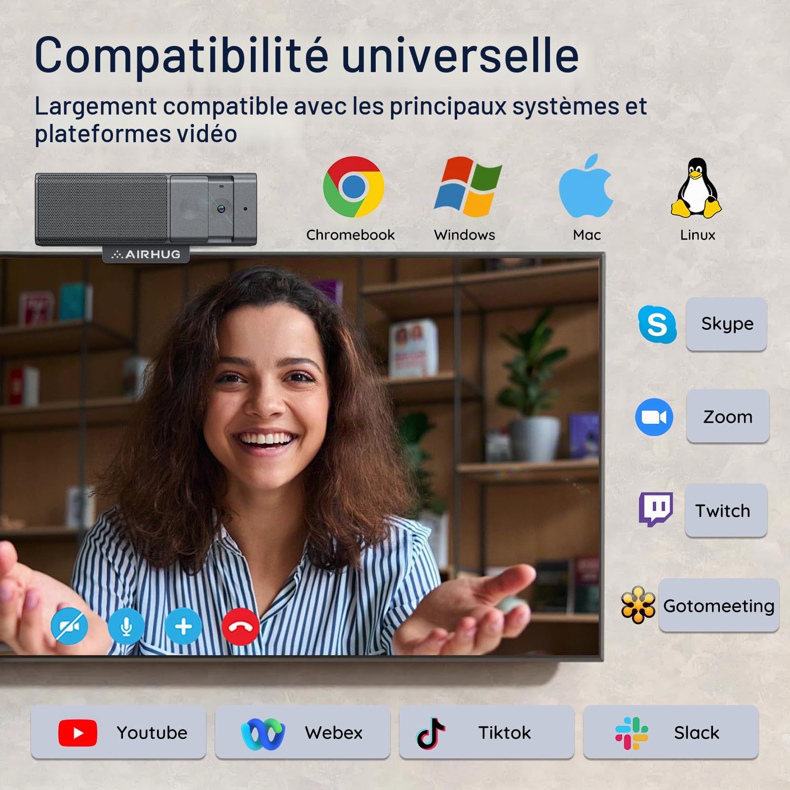 AIRHUG Webcam 3 en 1 1080p avec microphone et haut-parleur, caméra USB pour vidéoconférence/classe en ligne/jeux en direct, protection de confidentialité intégrée
