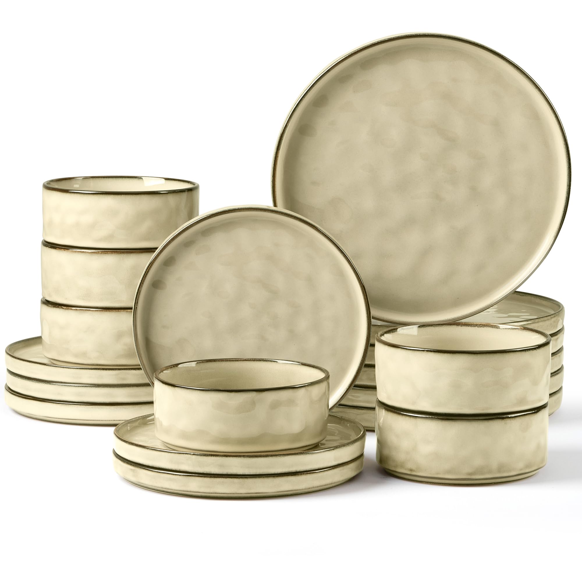 Herogo 18 Piece Dinner Set, Stoneware Dinnerware Sets for 6 People, Reactive Glaze Dining Plates and Bowls, Microwave and Dishwasher Safe, Chip and Scratch Resistant, Sandy Beige