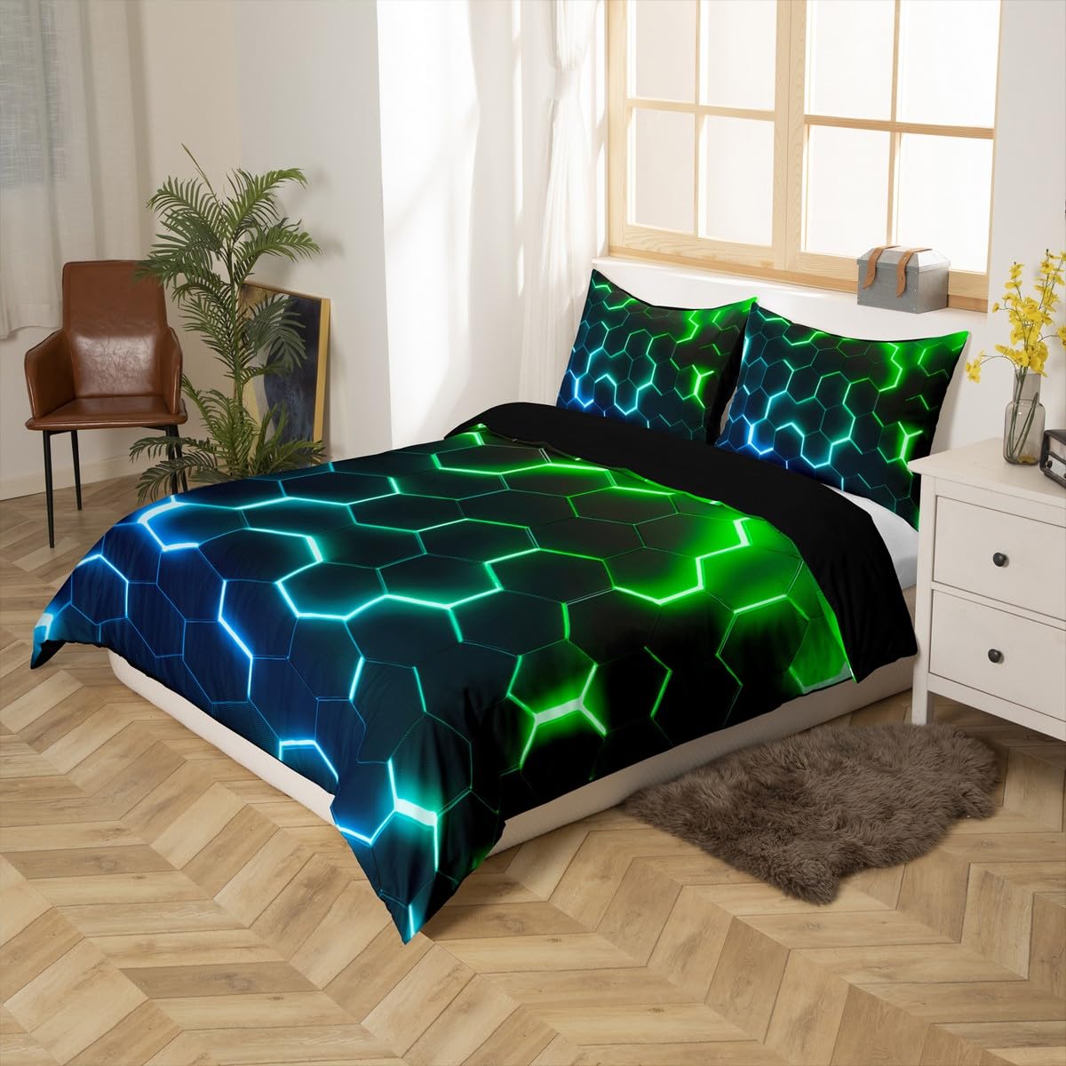 Homewish King Bedding for Teenage Boy Modern Honeycomb Duvet Cover Set for Kids Adults Blue Green Gradient Bedding Sets for Boys Girls Modern Geometric Hexagonal Duvet Cover Bedroom Decor - Image 3