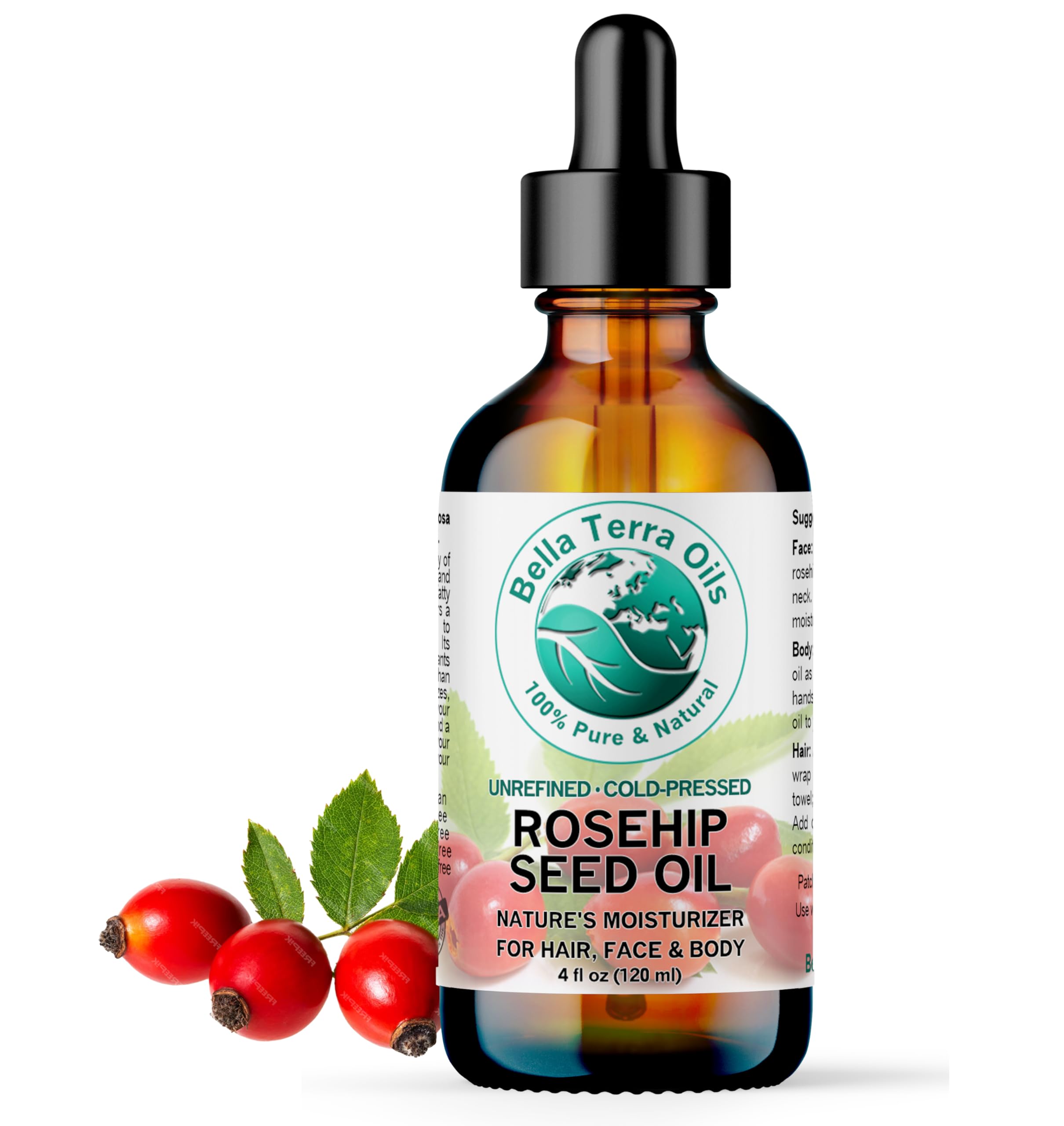 Bella Terra Oils Rosehip Seed 4 oz 100% Pure Cold-pressed Unrefined Organic Hexane-free Natural Moisturizer for Skin and Hair. Anti-aging. Great for Sensitive Itchy Dry Mature Skin -