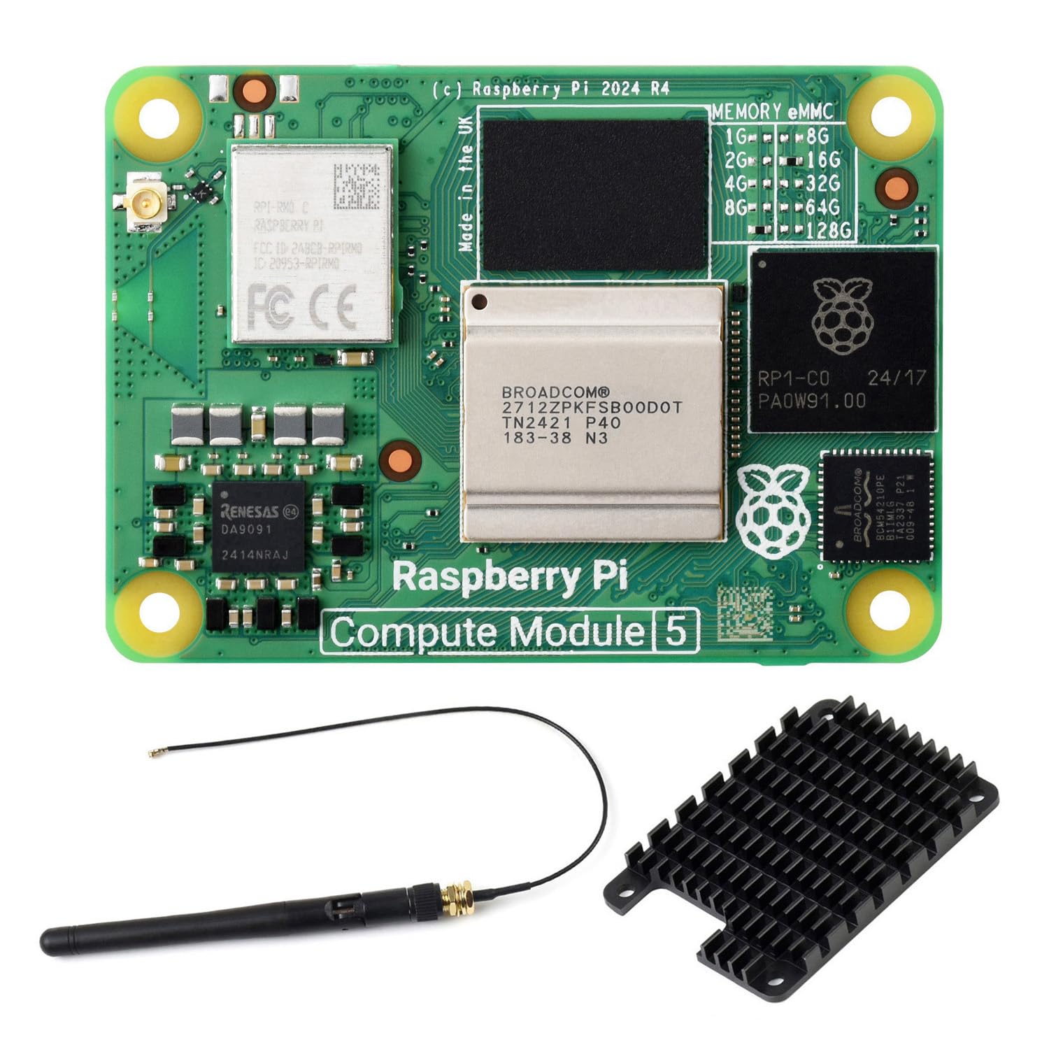 Waveshare CM5 Pi Compute Module 5，Comes with an Official Raspberry Pi CM5116016 (with Wireless, 16GB RAM, 16GB eMMC Flash), an Antenna Kit and a HEATSINK. (3 Items)