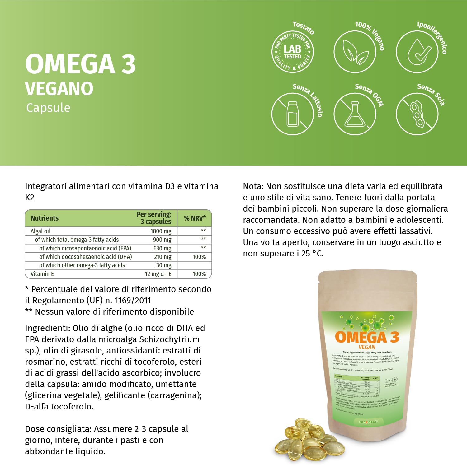 Omega 3 aus reines Algenöl Softgel Kapseln hochdosierte Fettsäuren 630 EPA und 210 DHA + Vitamin E pro Tagesdosis, Vegan (1080 stück (1er Pack))