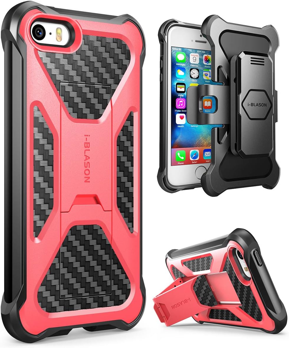 iPhone SE/5s/5 Case, i-Blason Prime [Kickstand] Heavy Duty [Dual Layer] Combo Holster Cover case with [Locking Belt Swivel Clip] for Apple iPhone SE 2016 Release (Compatible with iPhone 5s/5) (Pink)