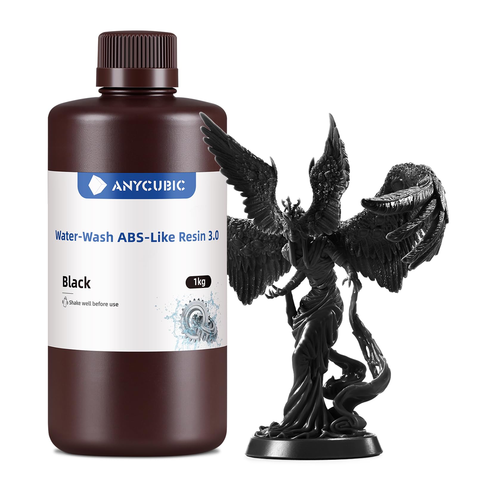 ANYCUBIC Résine Lavable à l'eau ABS-Like 3.0, Résine pour Imprimante 3D à Faible Odeur, Haute Dureté et Ténacité, Résine Durcissant aux UV 405 nm pour Toutes les Imprimantes 3D Résine, Noir 1KG