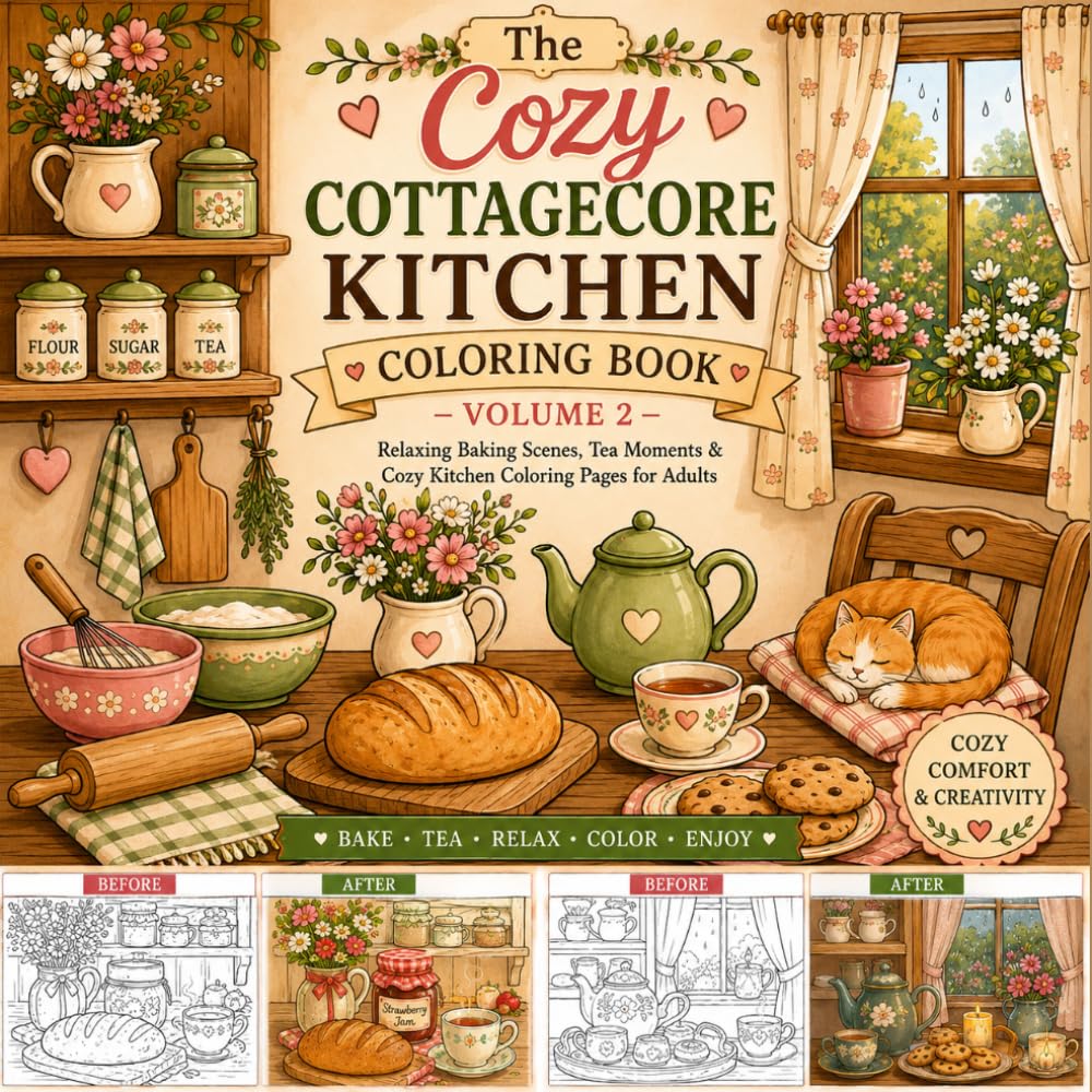 The Cozy Cottagecore Kitchen Coloring Book – Volume 2: Relaxing Baking Scenes, Tea Moments & Cozy Kitchen Coloring Pages for Adults