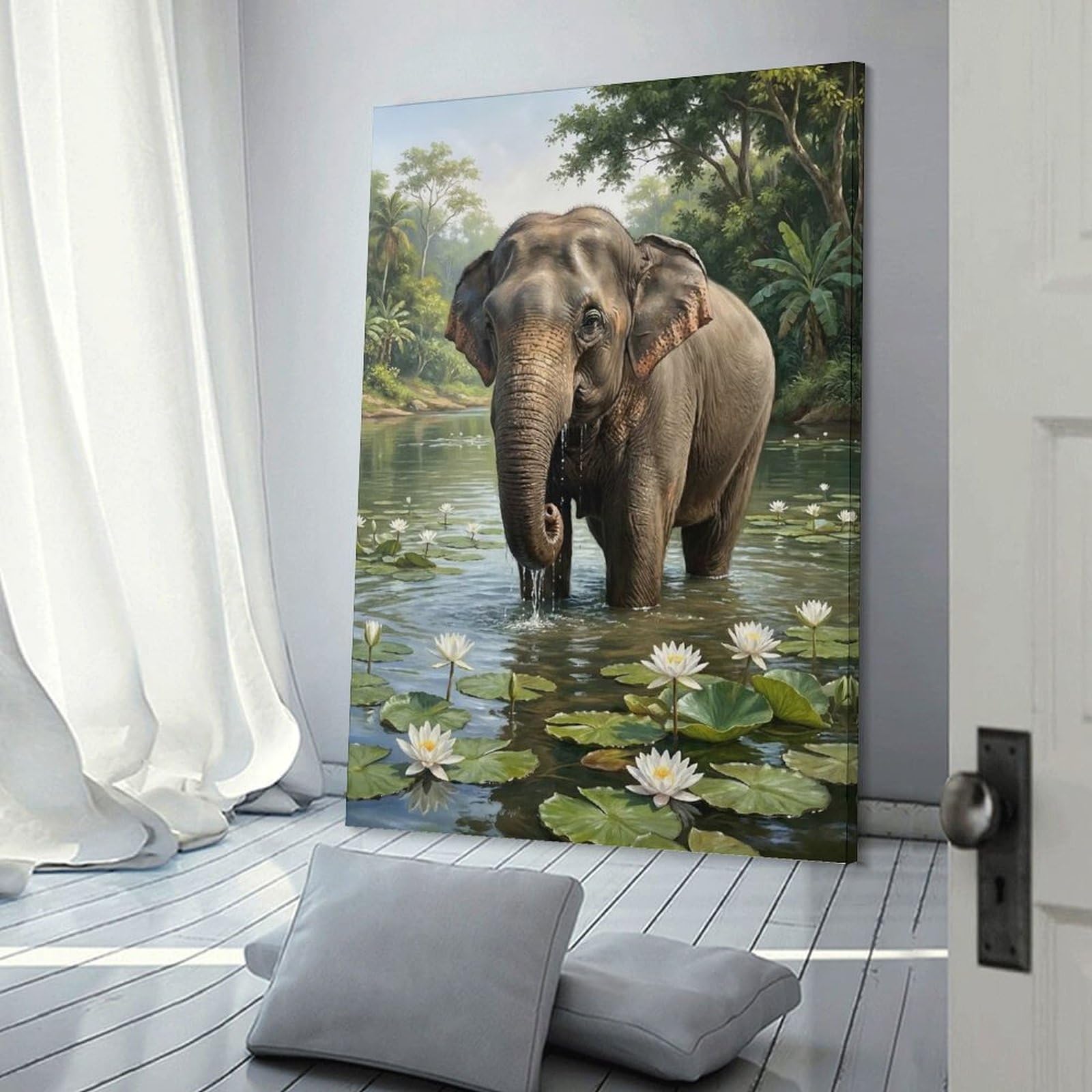 Junmoney Elephant in Water with Lily Pads Wall Picture Print 16x24inch(40x60cm), for Home Walls, Creative Rooms Or Shared Spaces, Stylish Home Artwork for Focal Walls