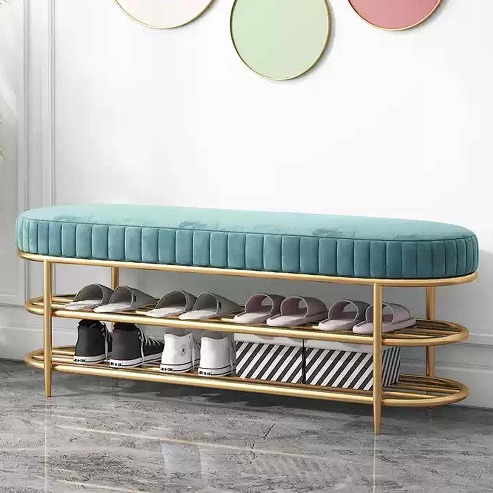 WJFTODAY Blue Velvet Upholstered 3 Tier Shoe Storage Bench for Entryway Stylish Hallway Space Saving Rack 80x32x45cm Perfect for Home Décor.