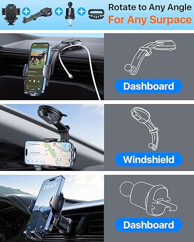 Miniatura 5 de YRU Soporte para teléfono de coche más seguro y resistente mejorado, brazo flexible 【Succión giratoria de 360° y nunca bloquea la vista】Soporte de