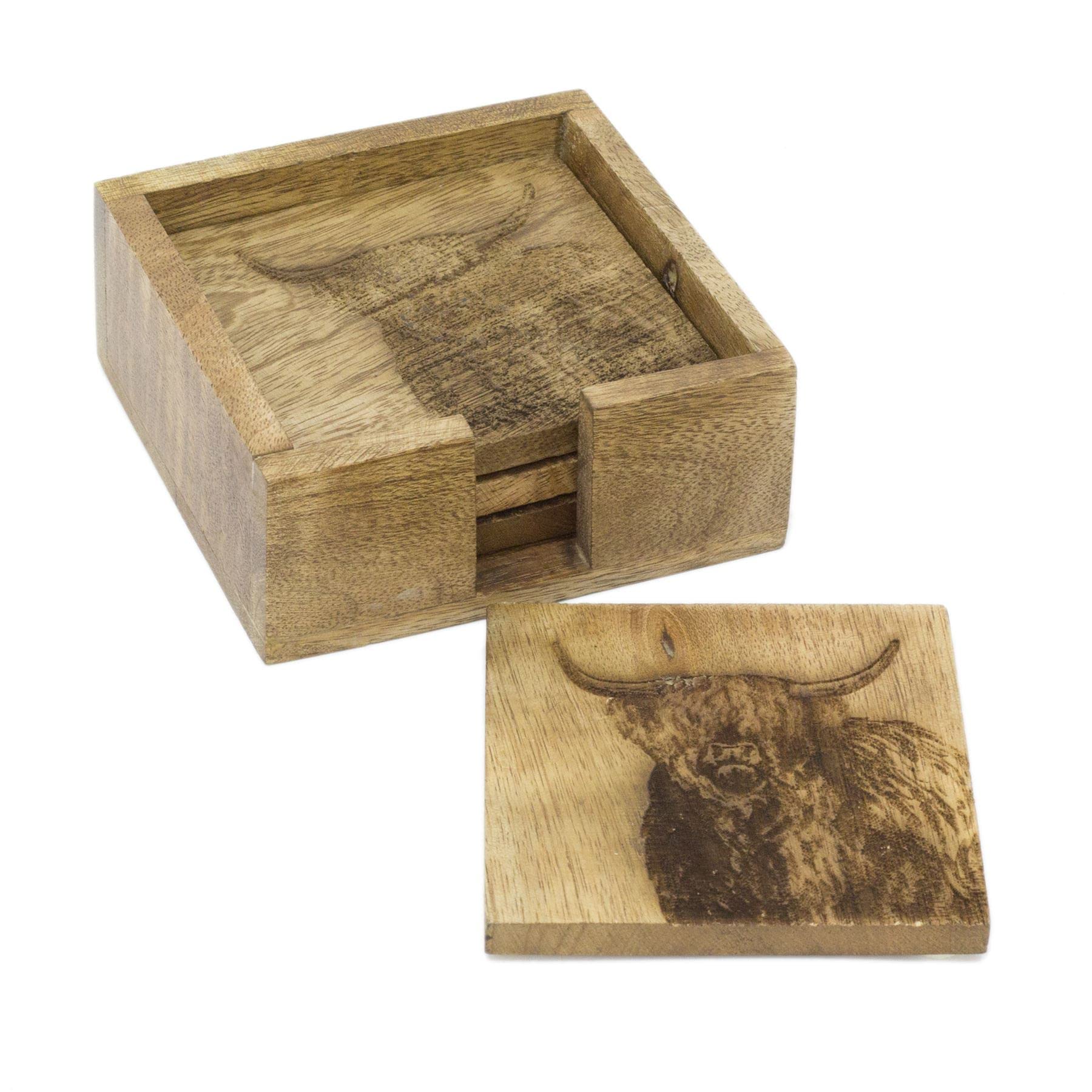 Carousel Home Brown Set Of 4 Mango Wood Highland Cow Coasters | 4 Piece Rustic Coasters With Holder Cup Mug Table Mats | Wooden Square Drinks Coaster Set