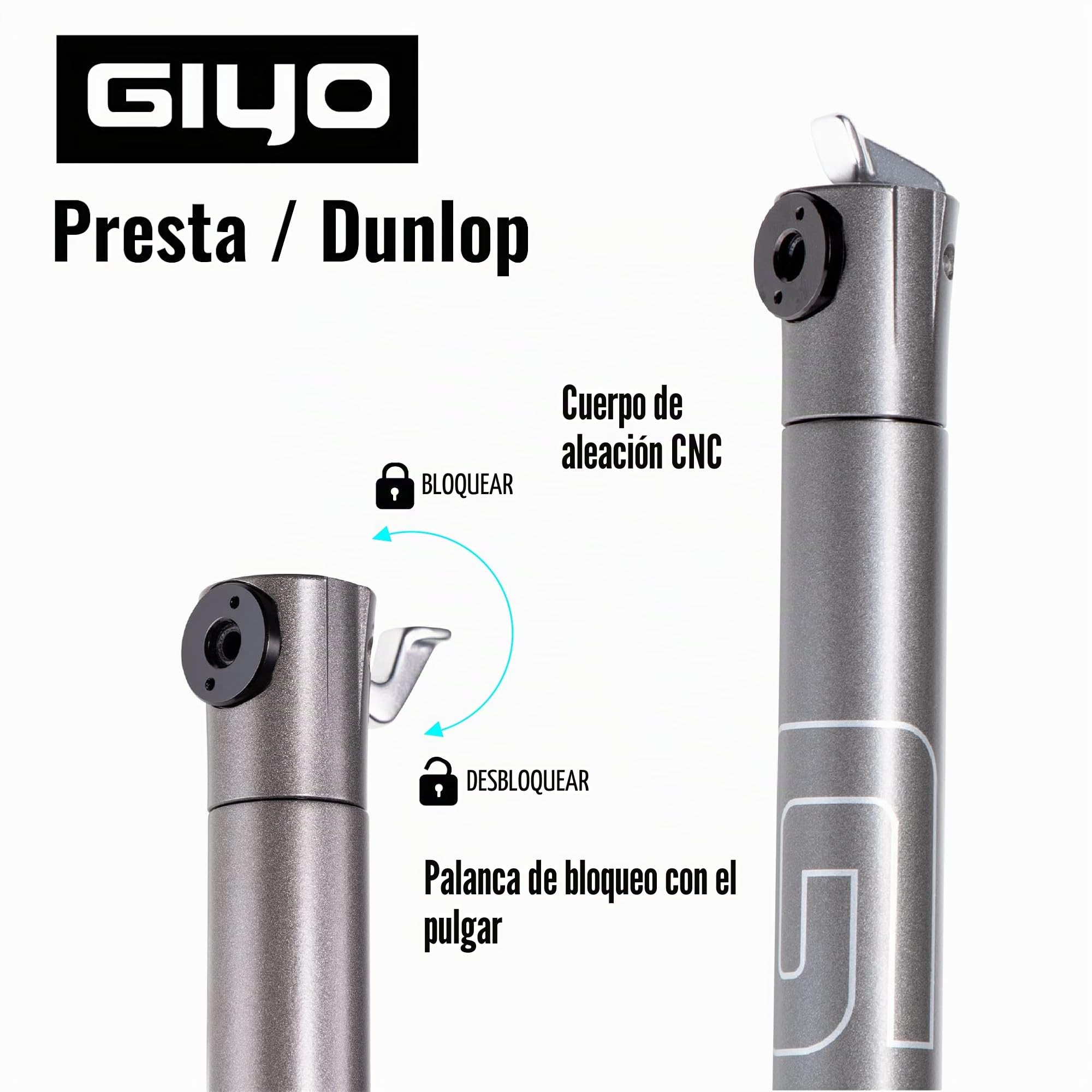 GIYO Mini Bomba de Bicicleta para Bicicletas de Carretera, válvula Presta, Barril telescópico CNC de 120 PSI, Ligera y portátil, Bloqueo de válvula Seguro, Fabricado en Taiwán (GM04)