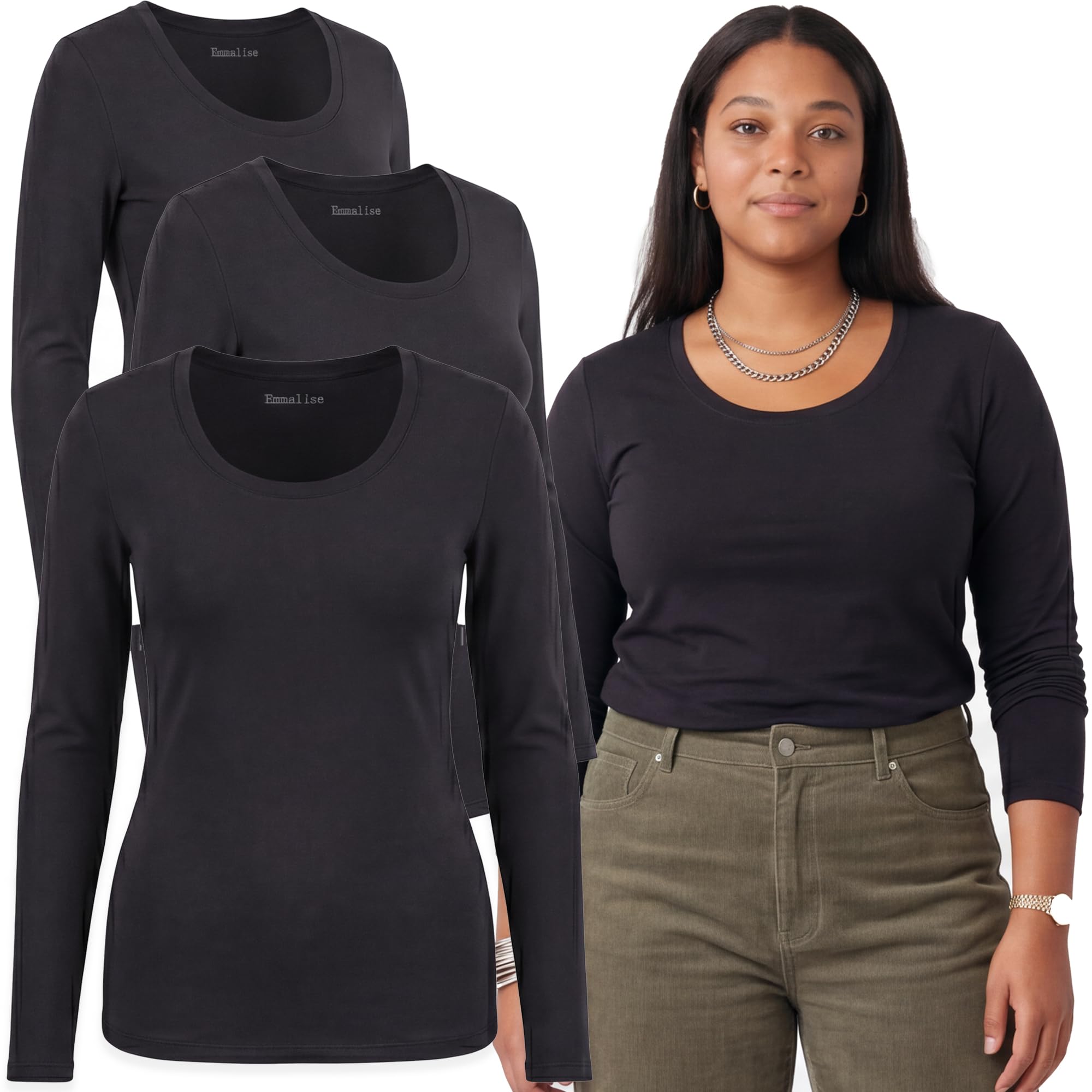 Emmalise T-shirt basique à manches longues et col rond pour femme