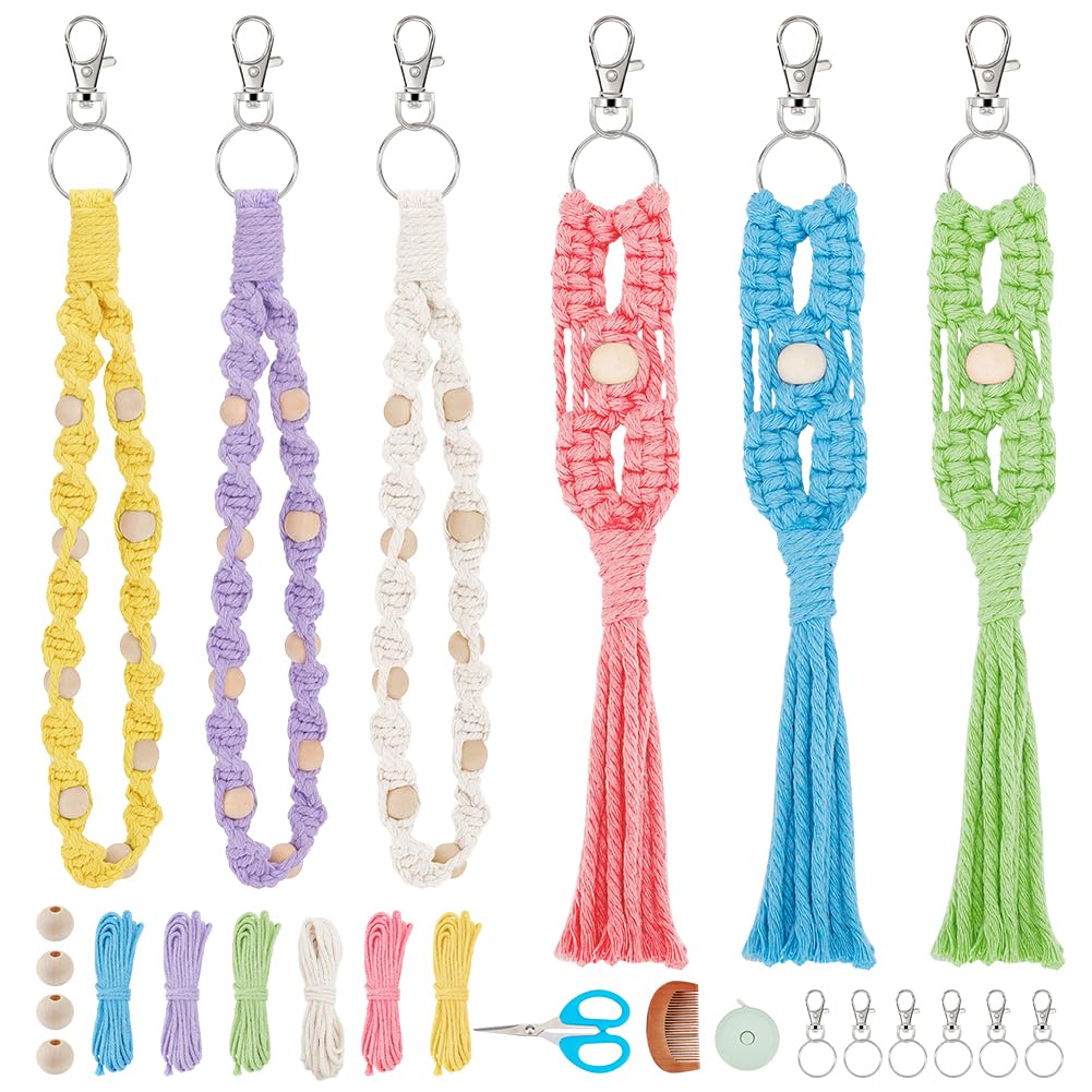 INFUNLY 6 Sets Makramee-Set Für Anfänger DIY-Makramee-Wandbehang-Set Für Erwachsene Anfänger Einfaches Makramee-Set Für Anfänger Mit Baumwollschnur Holzringe Perlen Schlüsselanhänger