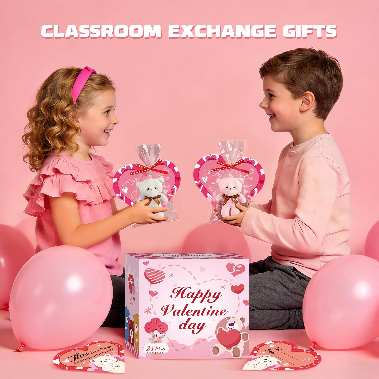 Valentines Gift Cards for Kids Classroom, 24 Packs Valentine's Day Plush Bears Stuffed Animal Mini Plush Toys with Heart Cards, Girls Boys Valentine Gifts Party Favors Classroom School Exchange Prize