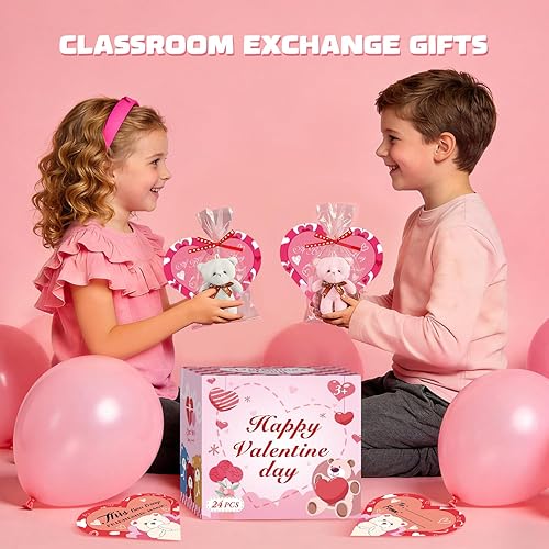 Miniatura 8 de Tarjetas de regalo de San Valentín para el aula de niños, 24 paquetes de osos de peluche para el día de San Valentín, mini juguetes de peluche con