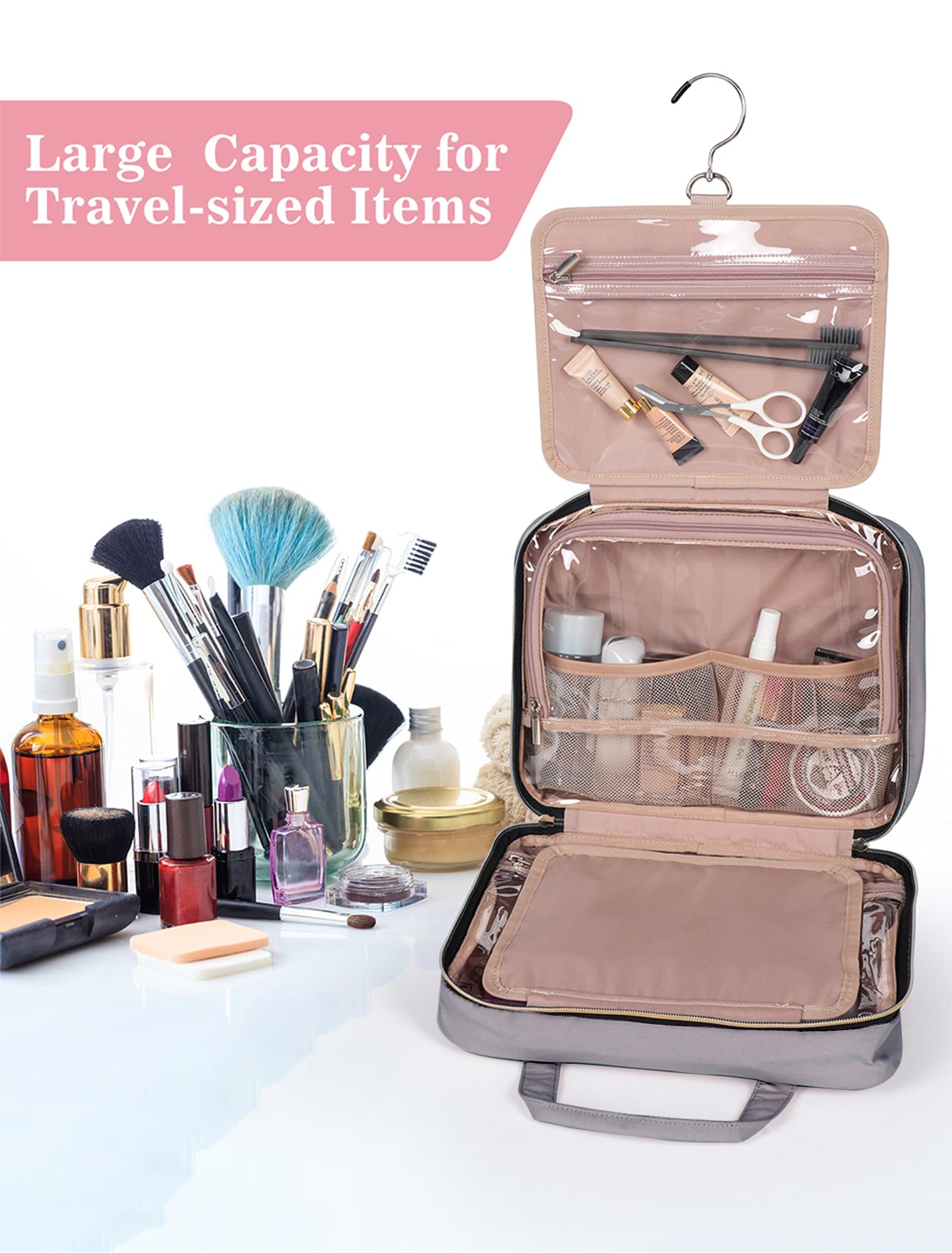 BALHLHG - Neceser de viaje con gancho para colgar, estuche portátil para cosméticos, organizador de viaje de maquillaje impermeable para accesorios, artículos de tocador, artículos esenciales de