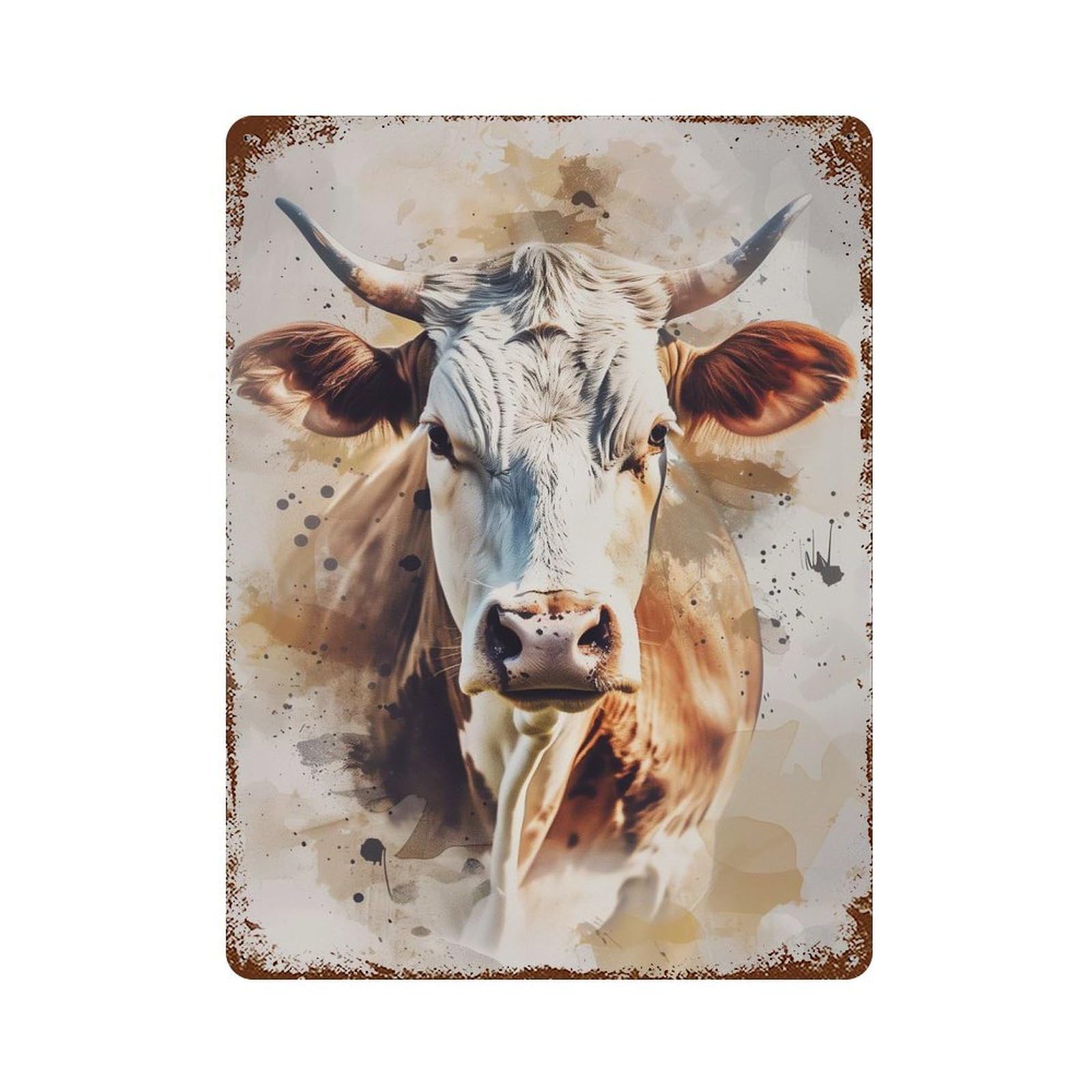 Cow Watercolor Portrait 15.7"x11.8" Aged Metal Wall Plaque, Novelty Wall Decor for Garage, Bar And Workshop Decor