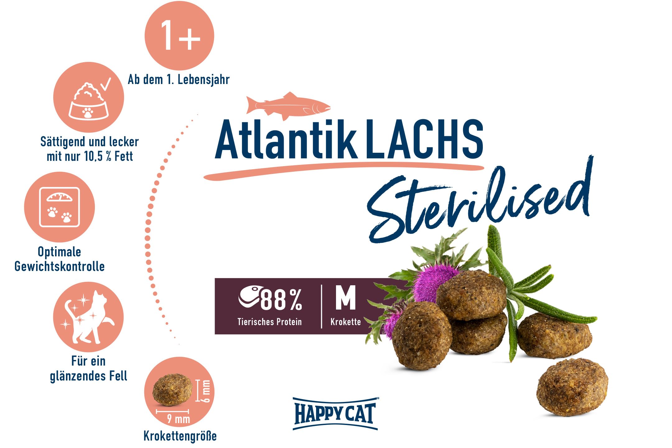 Happy Cat Sterilised Adult Atlantik Lachs M - Trockenfutter für sterilisierte Katzen und Kater - 10 kg