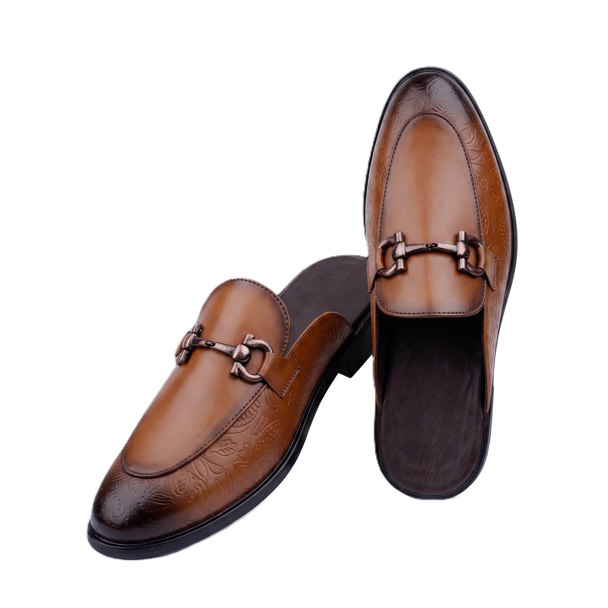 Men's Faux Leather Smart Casual Slipon Mules | Stylish Floral Design Flat Sandals with Metal Bit Detailing & Light TPR Sole-image-32