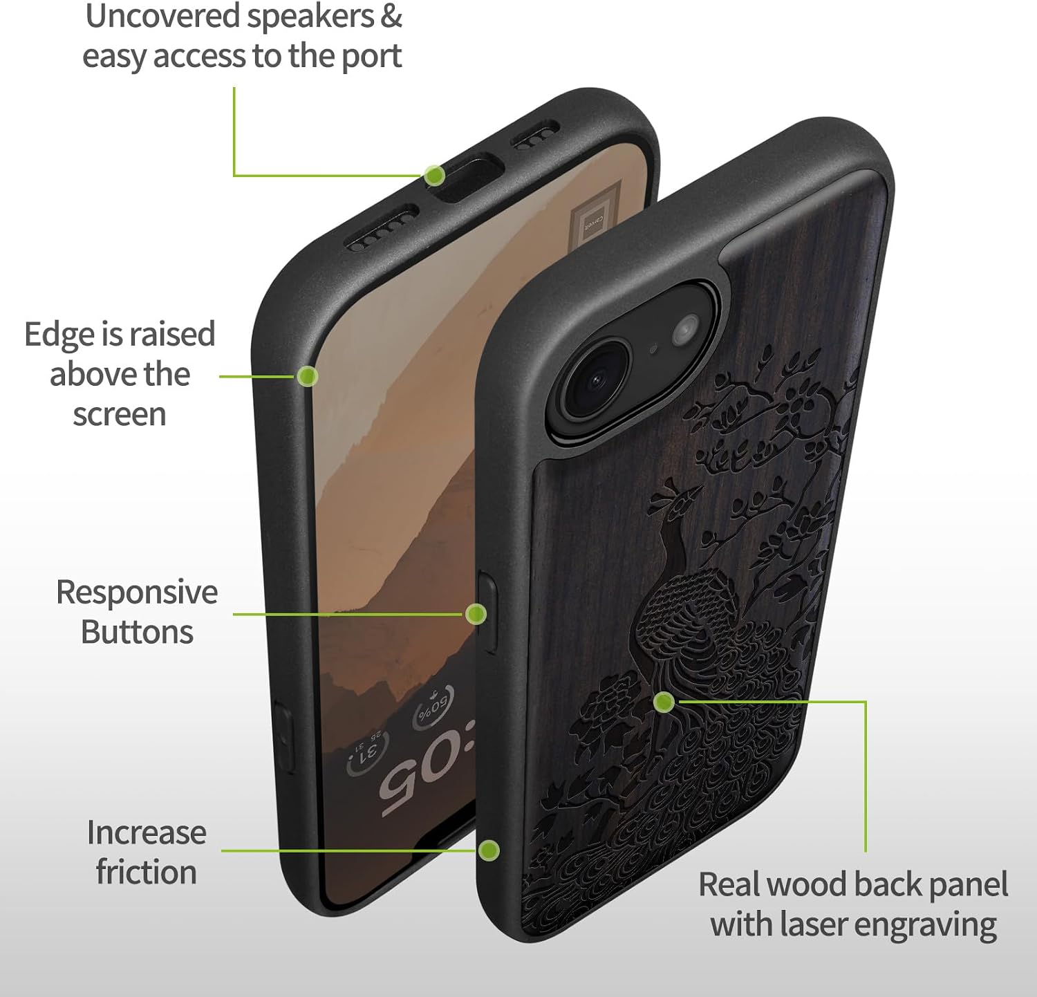 Carveit Magnetic Wooden Case for iPhone 16e / 17e, Solid Wood & TPU, Artisan Engraved Design, Shockproof Cover, Compatible with MagSafe Wireless Chargers, Asian Peacock - Blackwood