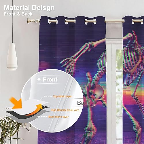 Miniatura 2 de Skeleton Digital Corruption Bedroom Curtains, Neon Cyberpunk Skeleton Scene Blackout Drapes Grommet Insulated Thermal Curtains for Living Room,