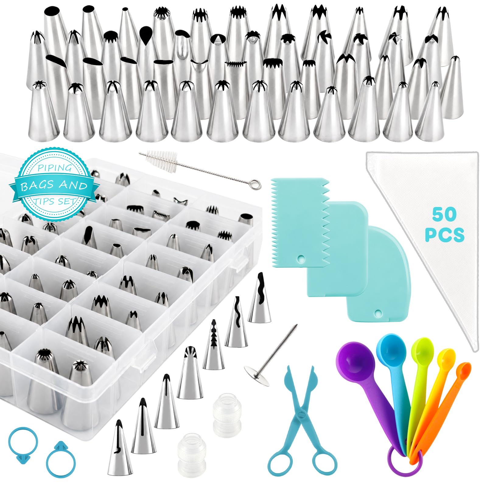 120 PCS Piping Bags and Nozzles Set 55 Icing Tips with 50 Disposable Piping Bags, 2 Couplers, Flower Nail, Flower Lifter, 3 Scrapers, 5 Measuring Spoons, Cake Decorations Piping Kit for Beginners Pros