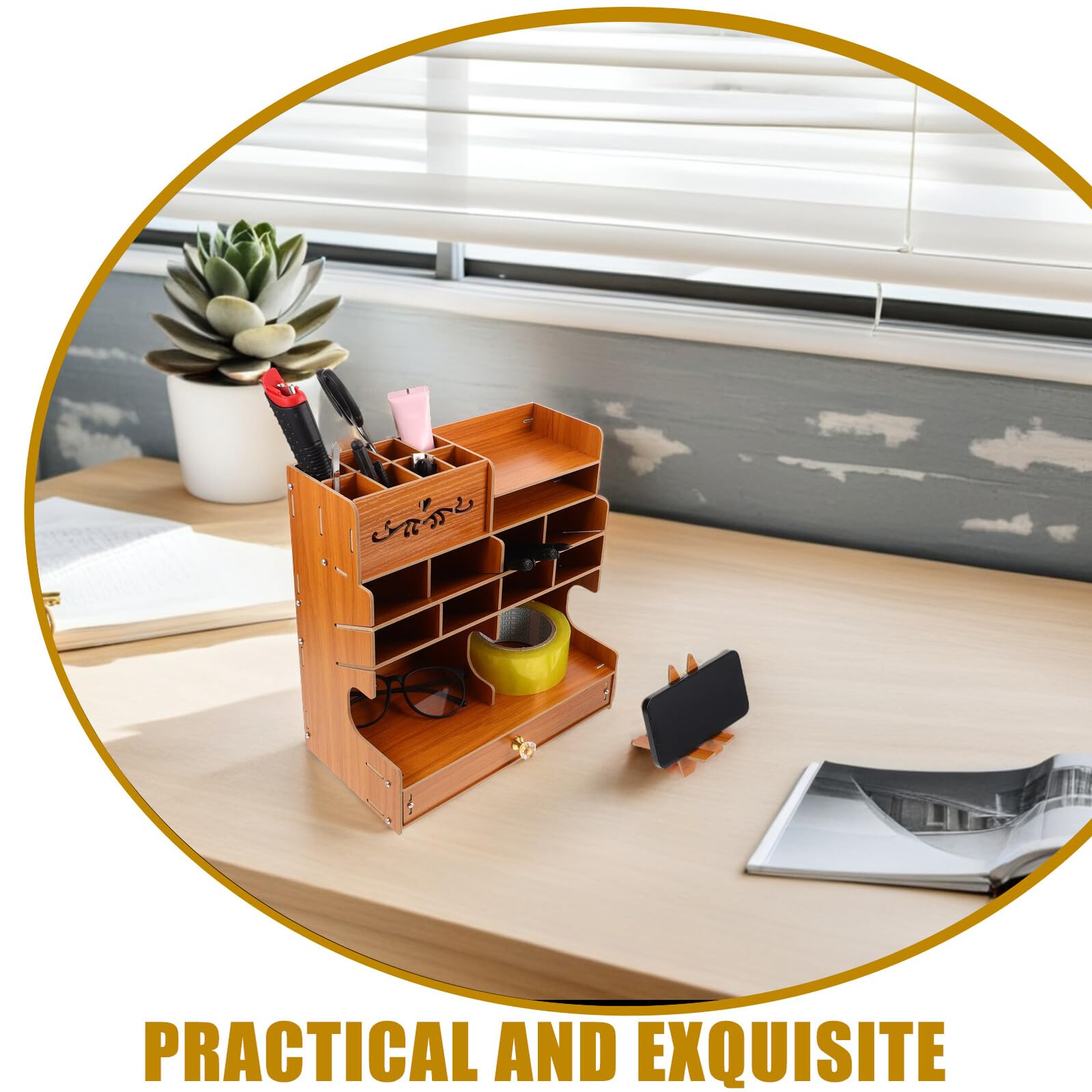 DOITOOL Organizador de Escritorio Madera Sólido con Gran Capacidad Base Estable y Compartimentos Múltiples para Papelería Porta Lápices para Oficina y Hogar Diseño Elegante y Funcional