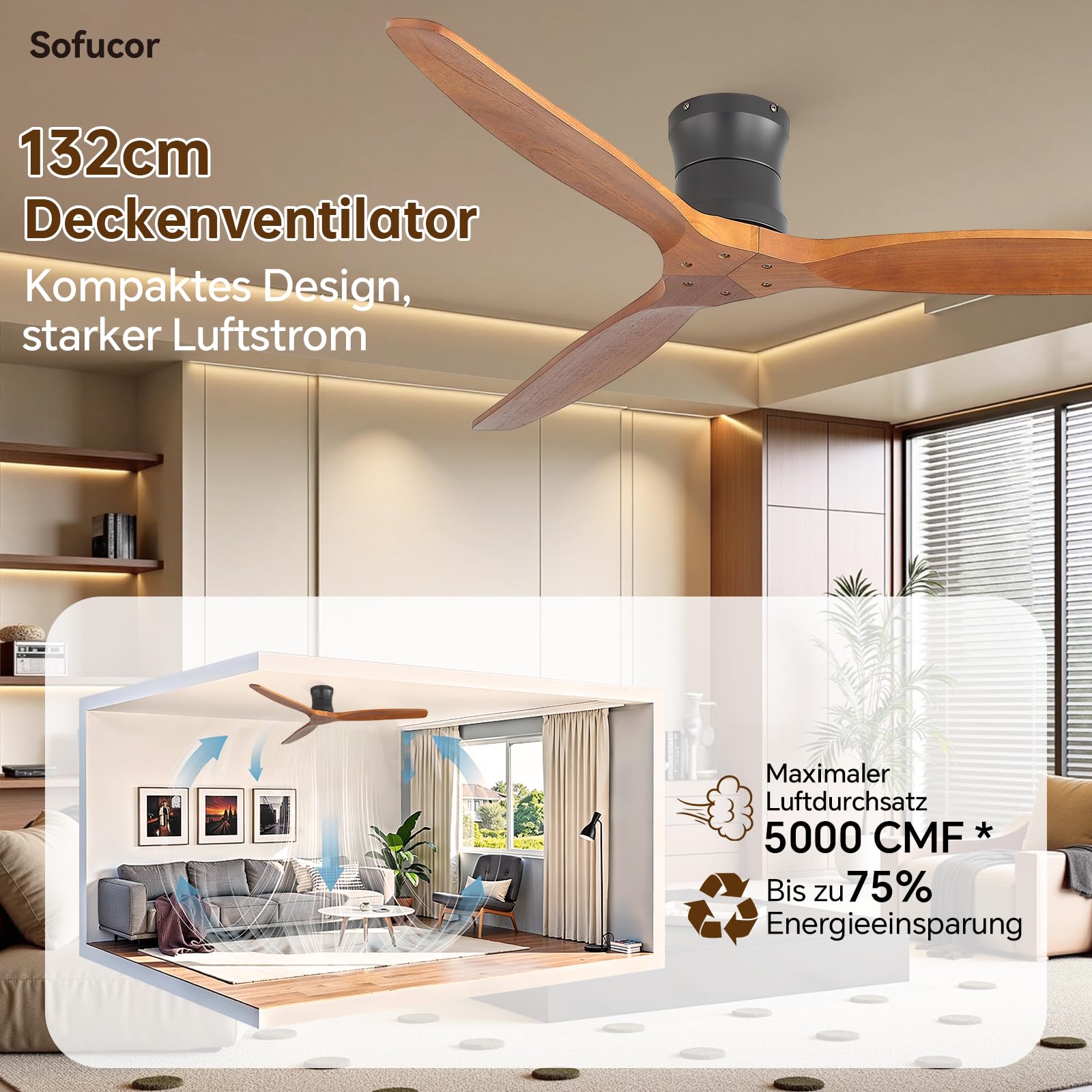 Sofucor 132cm Deckenventilator mit Fernbedienung, Massivholz Deckenventilator ohne Licht, Leise DC Motor, Timer, 3 Farbtemperatur, 6 Geschwindigkeiten, Sommer Winterbetrieb für Schlafzimmer Wohnzimmer