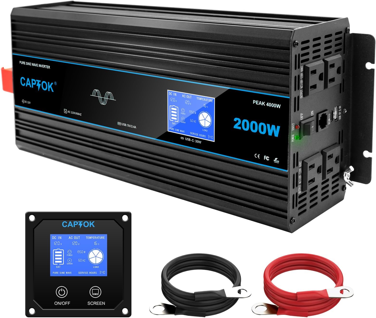 Amazon.com: CAPTOK 2000W Pure Sine Wave Inverter DC 12V AC 120V Double ...