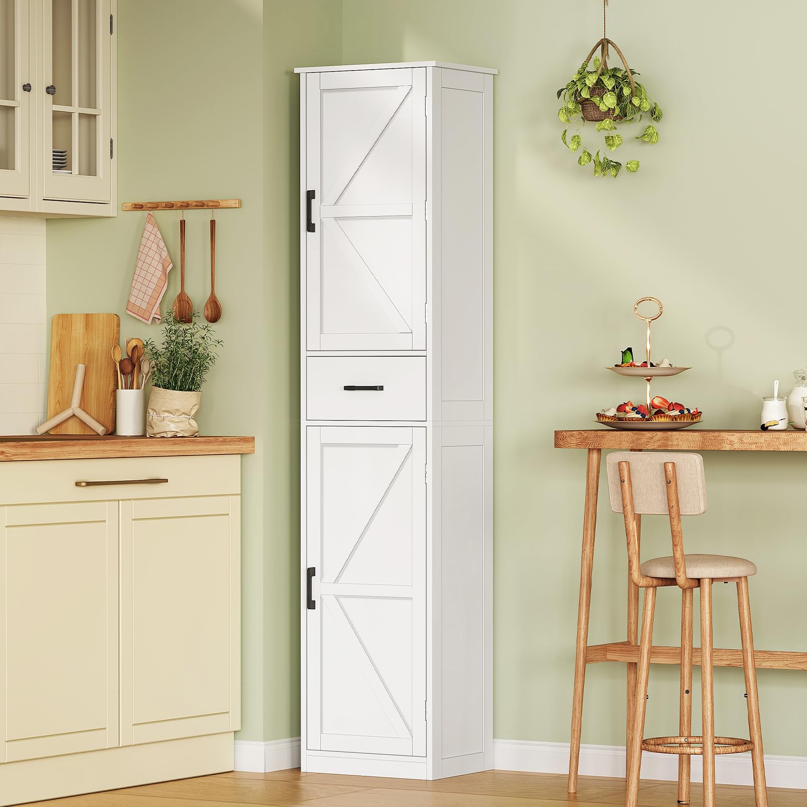 TEENFON Küchenschrank, 4-türiger Mehrzweckschrank & Buffetschrank mit 6 Einlegeböden und 2 Türfächern, platzsparender Vorratsschrank für Küche, Wohnzimmer, Esszimmer, Bad, 130 x 60 x 30 cm, weiß