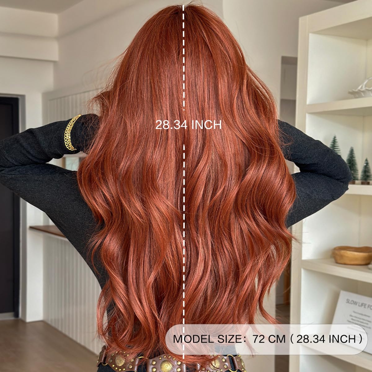 Ginger Orange Human Hair Wigs for Women Long Voluminous Waves with Curtain Bangs Lightweight Natural Look Glueless Daily Wear