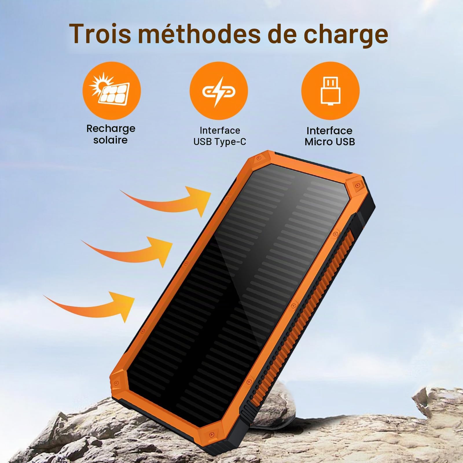 Chargeur Solaire 20000mAh avec Deux Ports USB et Lumière LED,Téléphone Solaire Powerbank Portable pour Smartphones, Tablette, Outdoor Camping