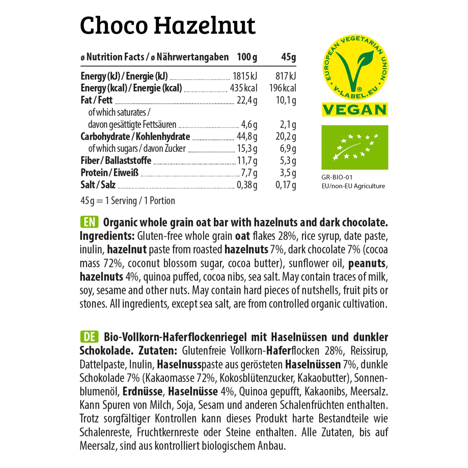 HEJ Oat Vollkorn-Hafer-Riegel - Bio-Müsliriegel mit Haselnuss, Schokolade & Nussmus - Veganer Snack - Energieriegel - Glutenfrei - Choco Hazelnut 12 x 45 g