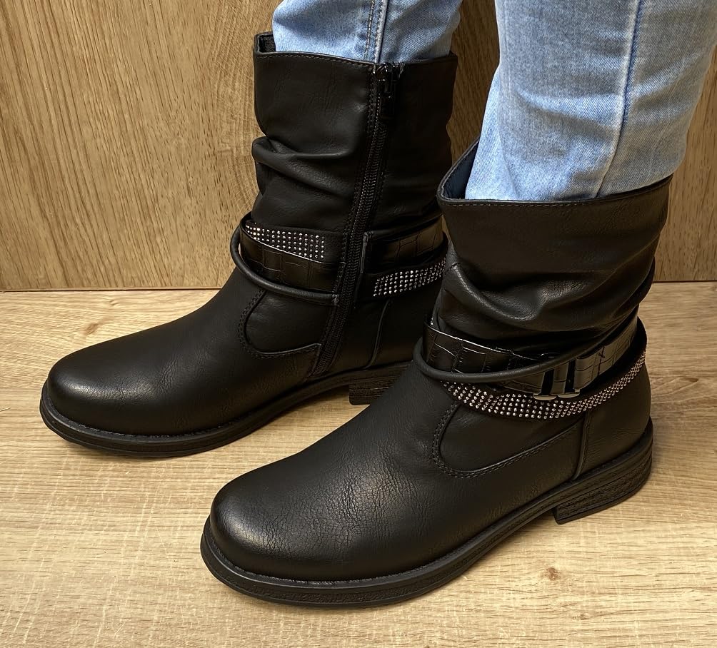 Pogolino Damen Stiefeletten Nieten Biker Boots Glitzer Stiefel leicht gefüttert 1573