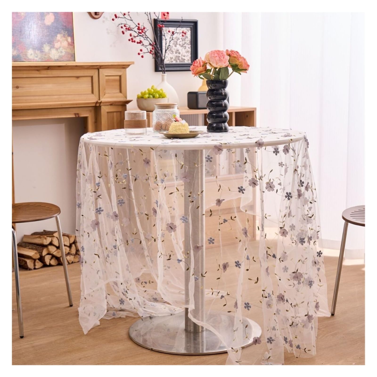 NJIEzhao Embroidered Lace Tablecloth Romantic Floral Embroidered Lace Tulle Tablecloth Transparent Mesh Table Cloth Cover(A,100x150CM)