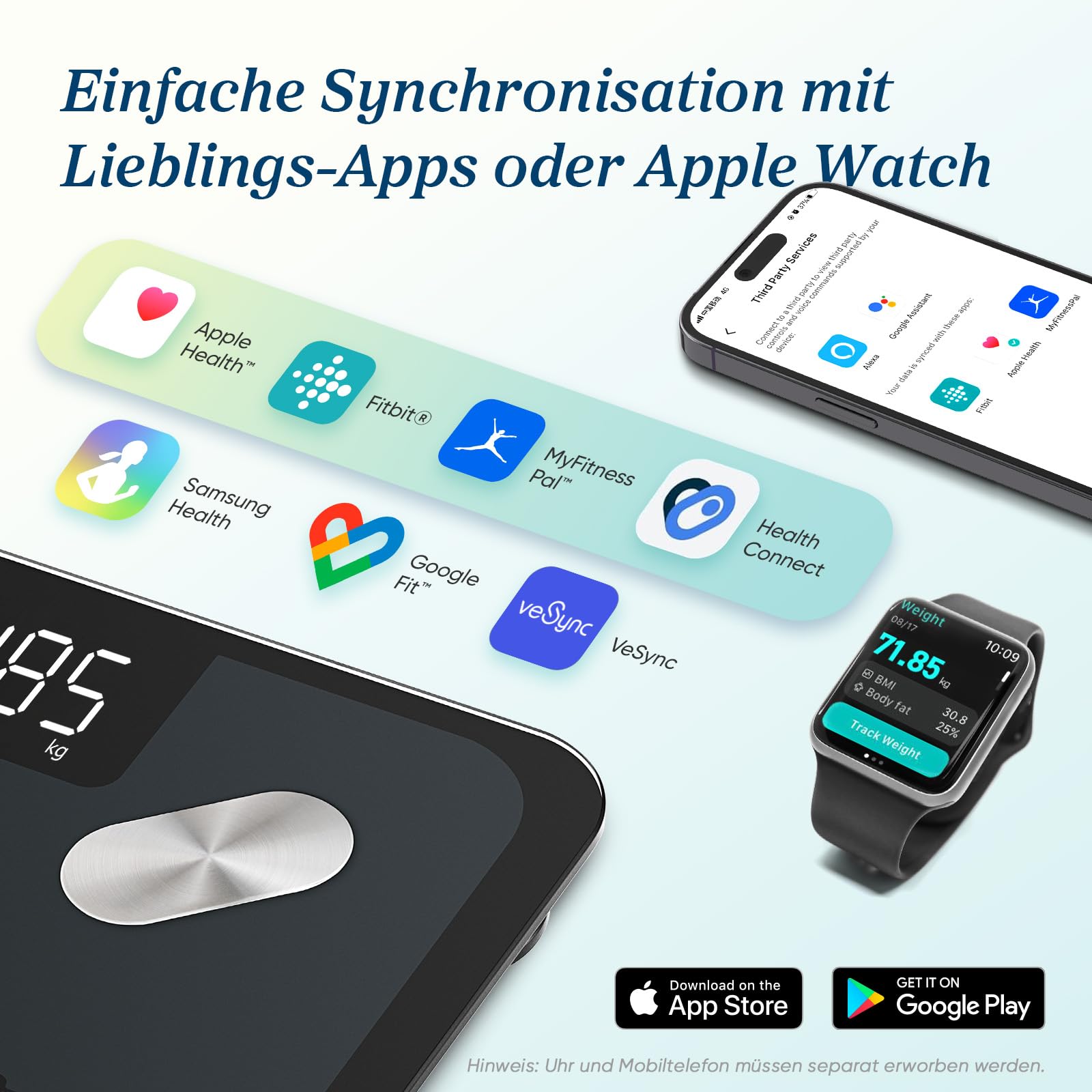 Etekcity Körperfettwaage - Personenwaage Digital mit 0,02 kg Genauigkeit - Bluetooth mit App für Fitness - Körperwaage zur Messung von Körperfett,BMI,Muskelmasse,Protein,BMR-Tiefschwarz-28 x 28 cm